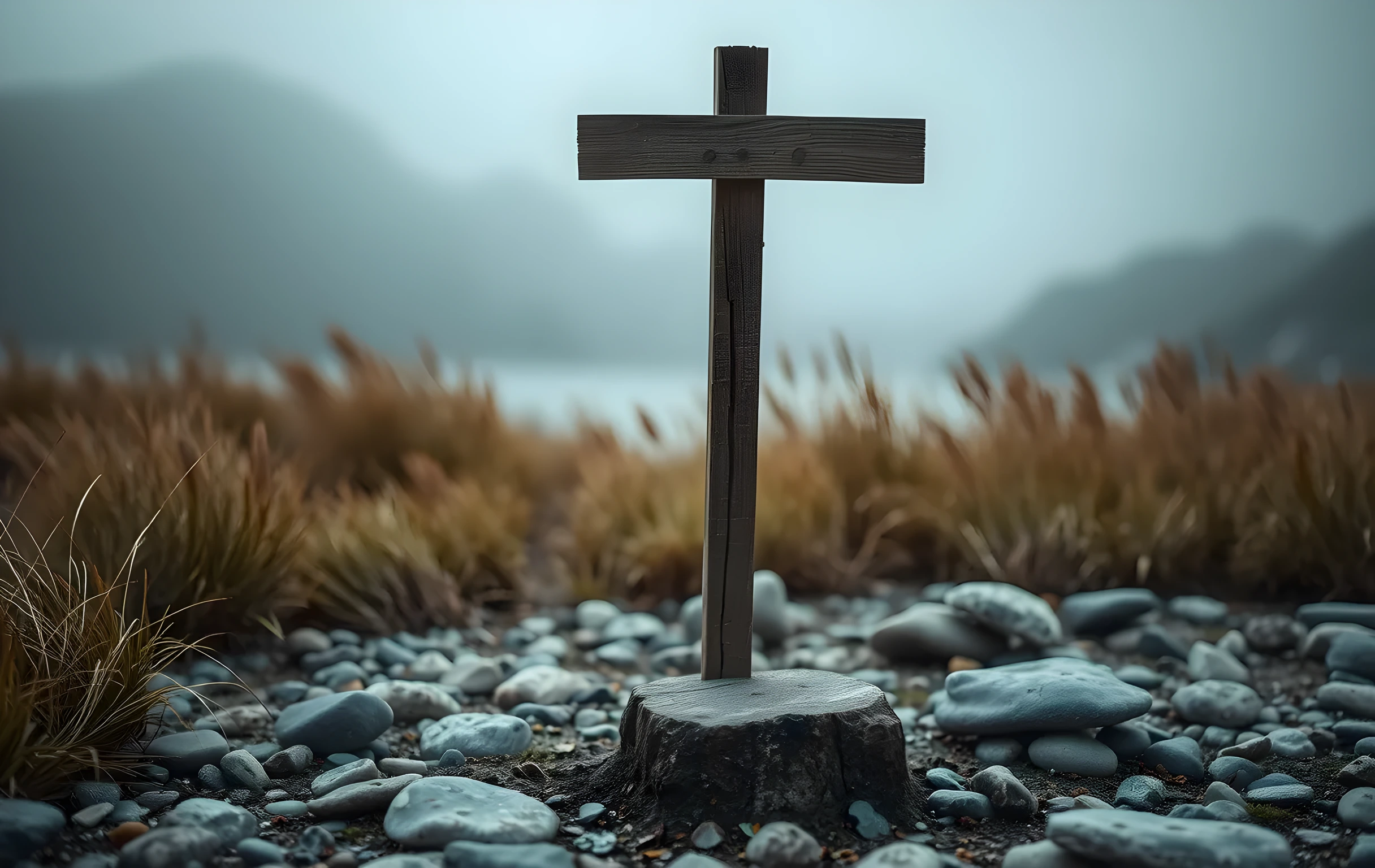 A wide angle shot of a weathered wooden signpost standing alone in a misty coastal meadow, surrounded by tall wild grasses and smooth river stones scattered across damp earth