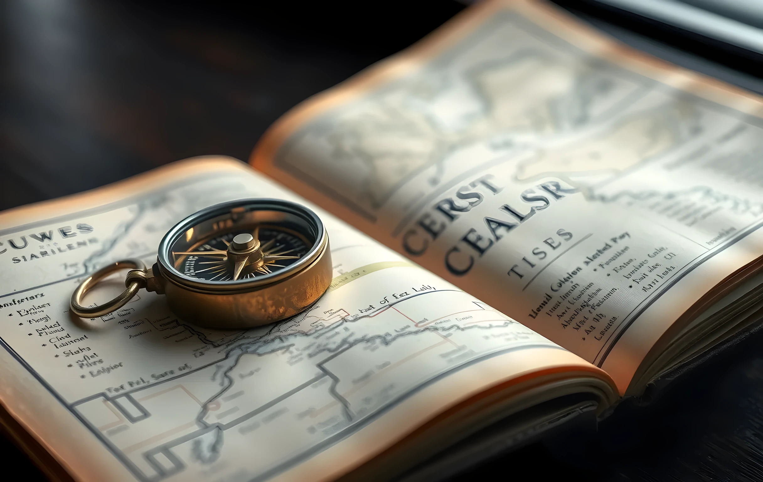 A close-up still life of brass compass needles resting on a vintage leather-bound atlas, the metallic surfaces reflecting soft window light while surrounding pages show faded topographical lines and aged paper grain