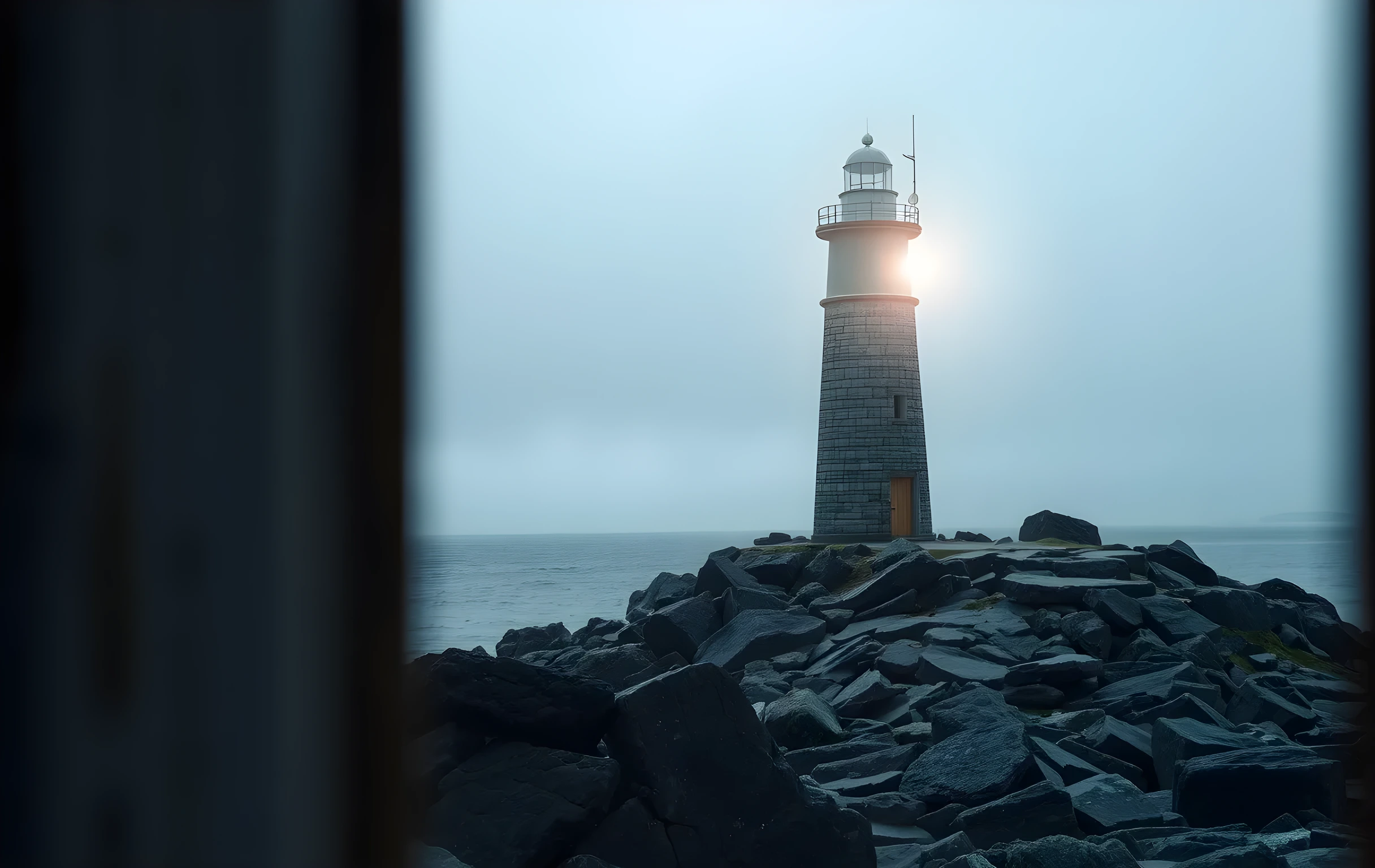 A weathered stone lighthouse standing alone on a rocky headland at first light, thick sea fog rolling through its base and dissolving the lower rocks. The pale beam cuts horizontally through the mist over choppy grey-green water stretching to a distant flat horizon. Shot from far across the channel so the lighthouse is small in frame, emphasizing scale and isolation. No text, no people, no structures besides the lighthouse itself