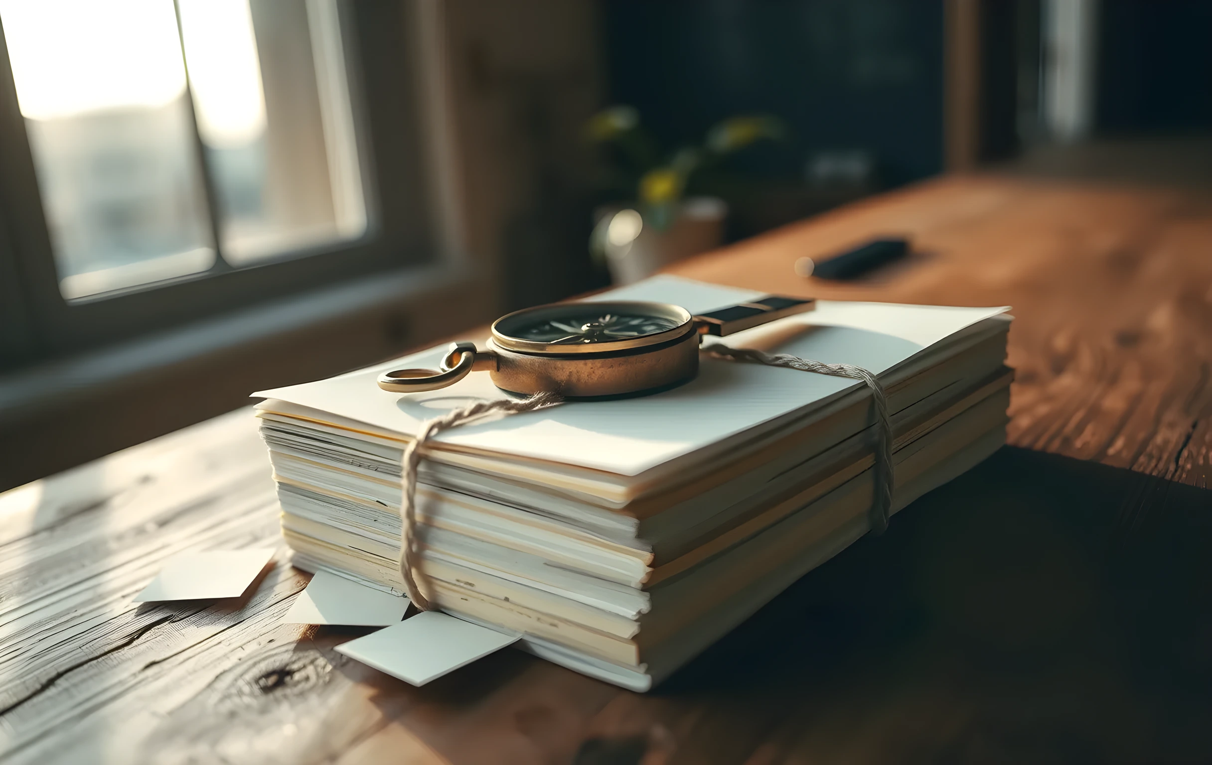 A single tarnished brass compass lying open on top of a thick stack of cream-colored index cards bound together with rough twine, resting on a scarred oak tabletop near a tall window. Soft late-afternoon light rakes across the scene casting long warm shadows from the card edges. A few loose cards fan out slightly at the bottom of the stack. Tight close-up framing so the compass needle and card texture fill most of the frame. No text, no hands, no screens