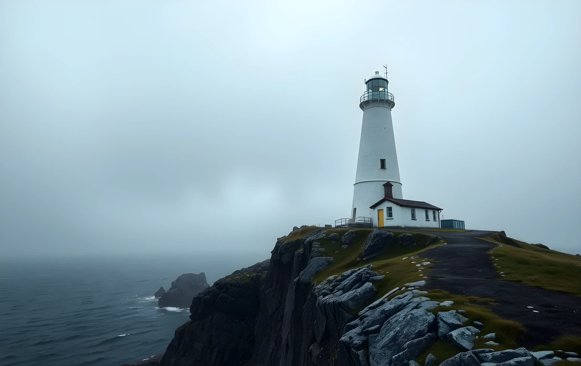 A weathered white lighthouse perched on a jagged granite headland, its powerful beam cutting a solid cone through thick rolling coastal fog. The sea below is vast and grey-green, the sky heavy with low cloud. The lighthouse stands alone against the horizon, its light reaching far out over open water as if calling something back from the distance. Wide environmental shot, moody natural light, no people, no text
