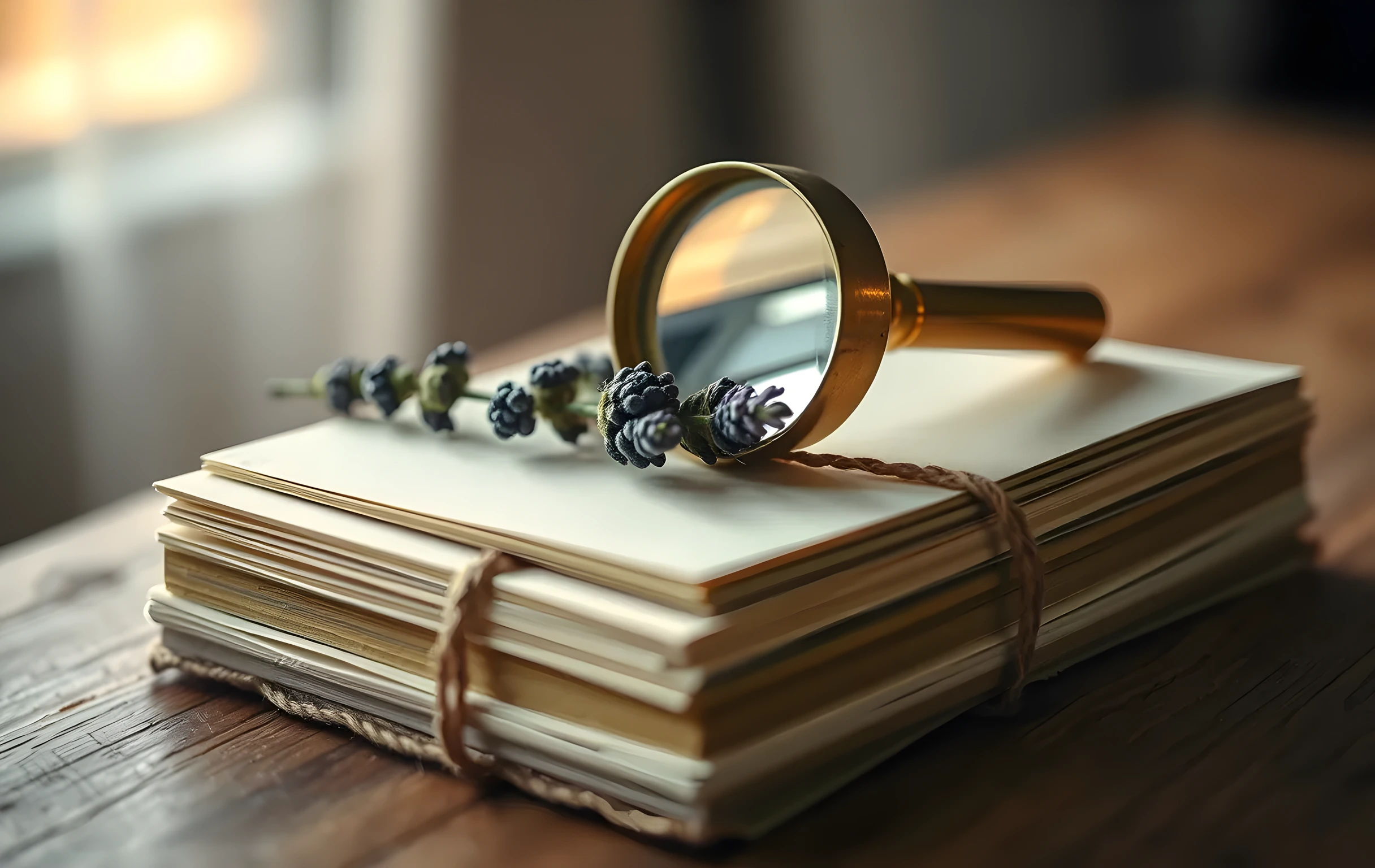 A close-up of a small tarnished brass magnifying glass resting on top of a thick stack of cream-colored index cards bound with rough twine. The glass catches warm late-afternoon light, casting a soft circular glow on the card beneath it. A few dried wildflowers and a sprig of lavender are tucked loosely under the lens. Shallow depth of field, tight framing, intimate still-life feel, no text visible anywhere