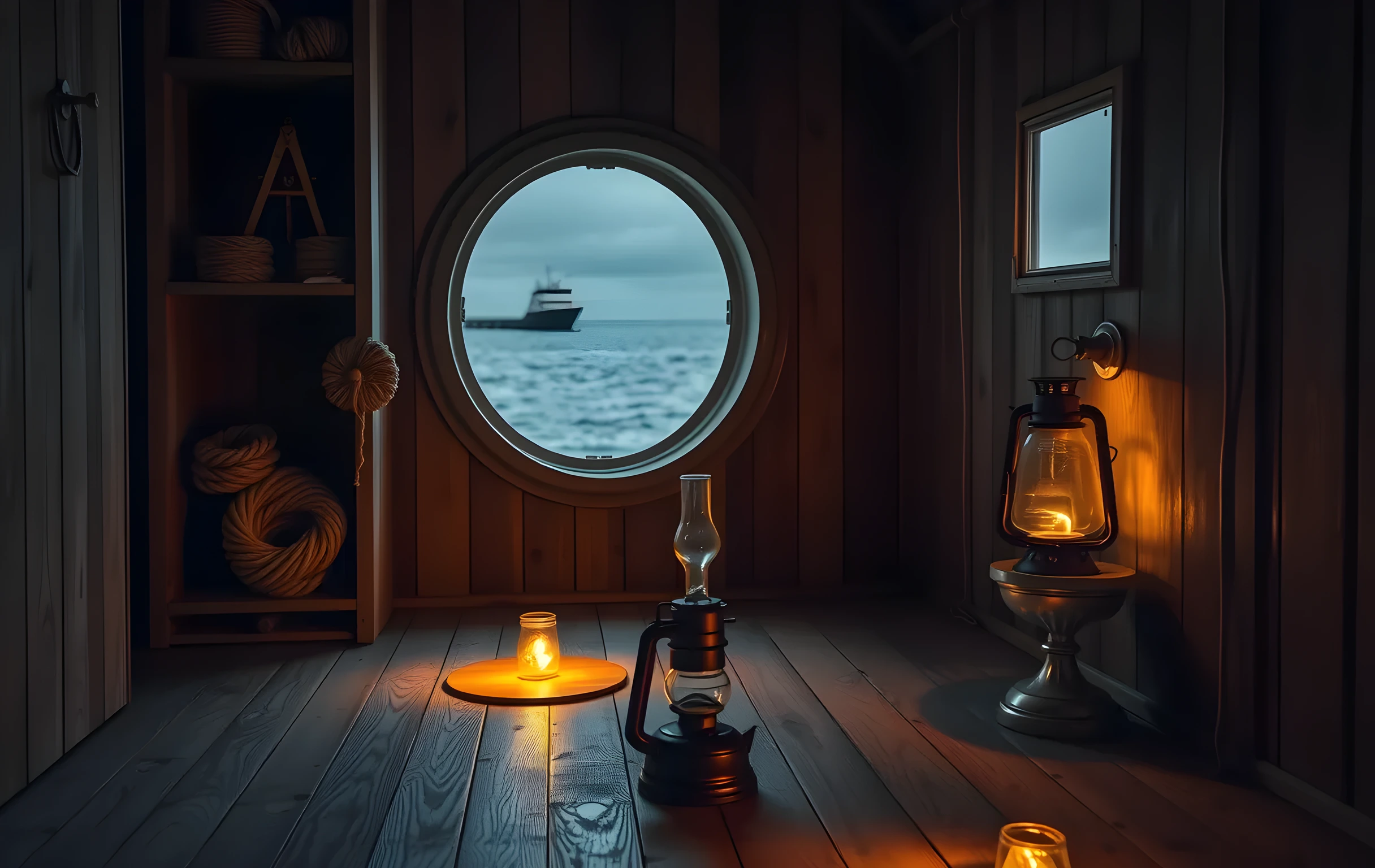 A lighthouse keeper's supply room at dusk: a tall weathered wooden shelf holds brass sextants, thick coils of hemp rope, and glass jars filled with colored sand. A large round porthole window frames the darkening grey sea outside. Warm amber light from a single oil lamp on the floor casts long shadows across worn wooden planks. No text, no screens, no people