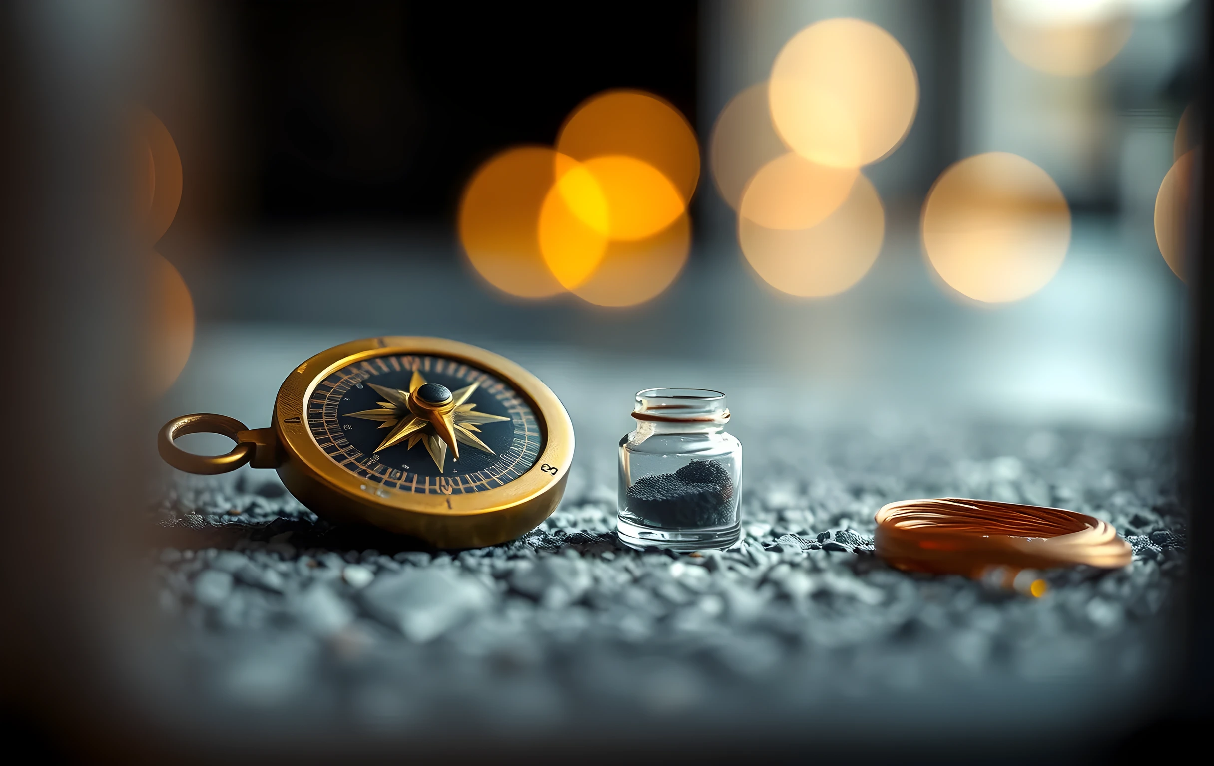 Extreme macro close-up of a tarnished brass compass rose lying flat on rough grey granite, its needle resting slightly off true north. Beside it a small glass vial filled with black sand and a tight coil of copper wire. Soft golden bokeh circles from a distant warm light source blur the background into abstract shapes. No text, no hands, no faces