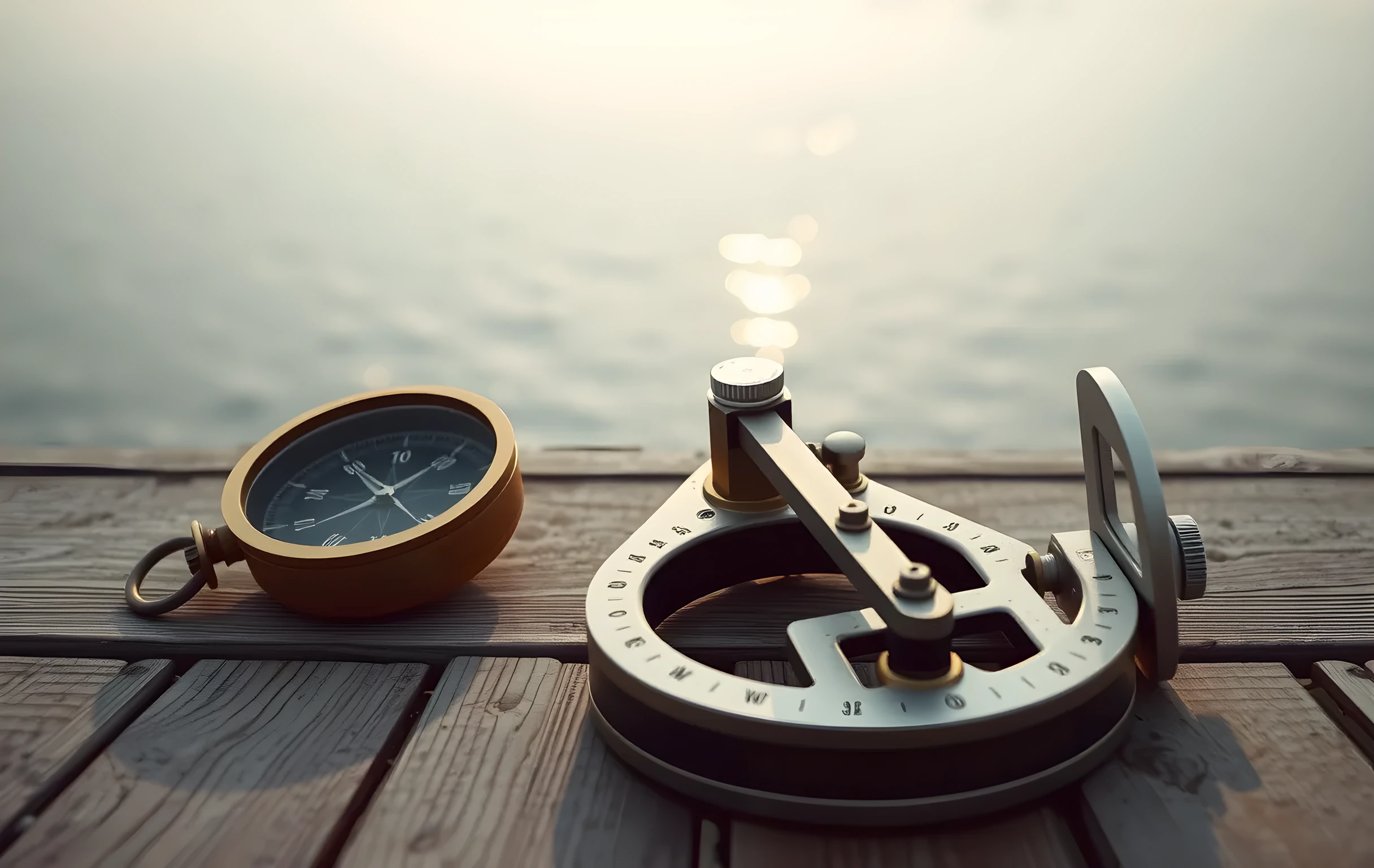A weathered brass compass and a polished silver sextant rest on a sun-bleached wooden dock at dawn, with calm water stretching into the horizon under a pale sky