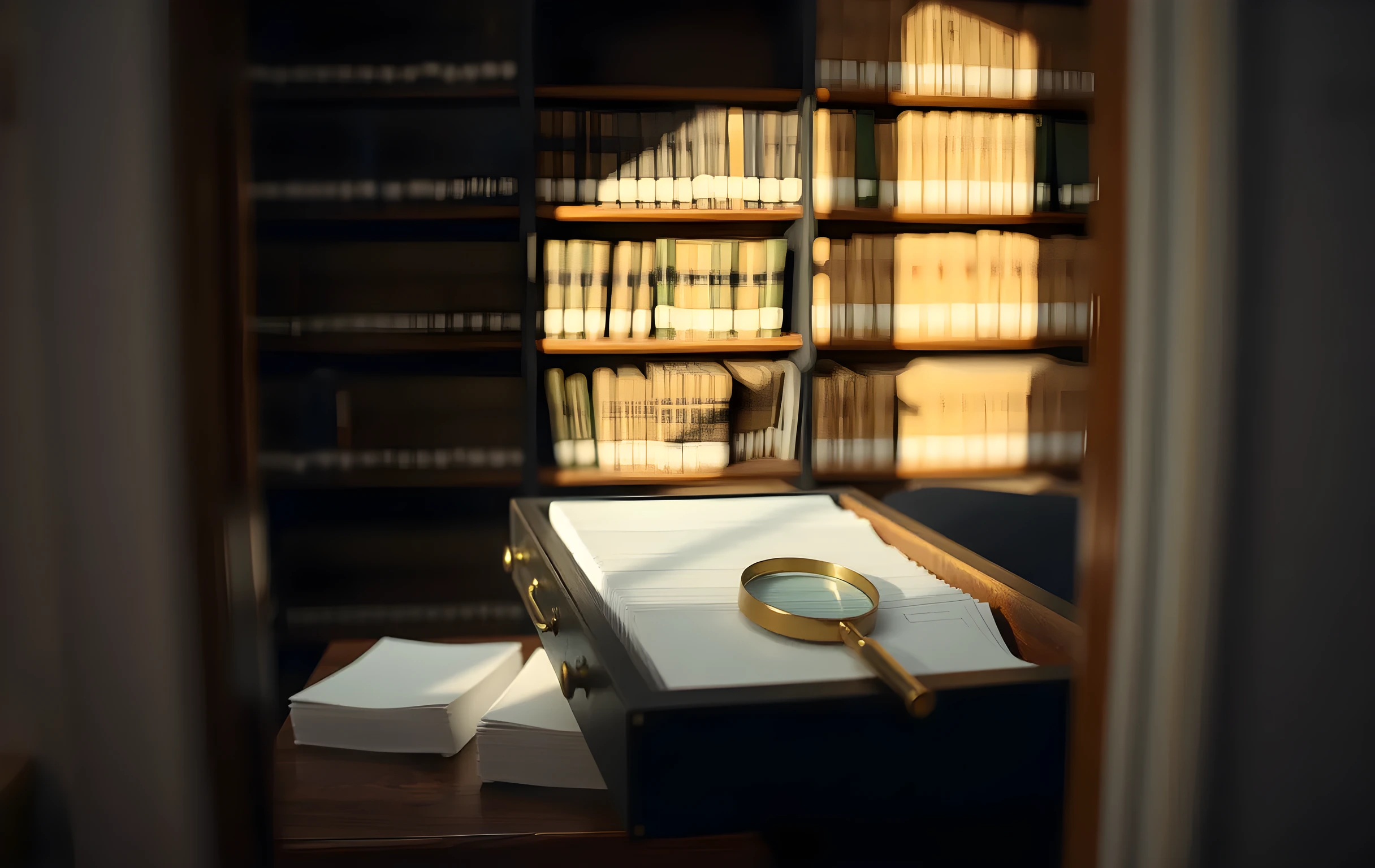 An open vintage library card catalog drawer sits on a dark oak desk in a quiet archive room, surrounded by blank cream-colored index cards and a brass magnifying glass catching a single shaft of warm light