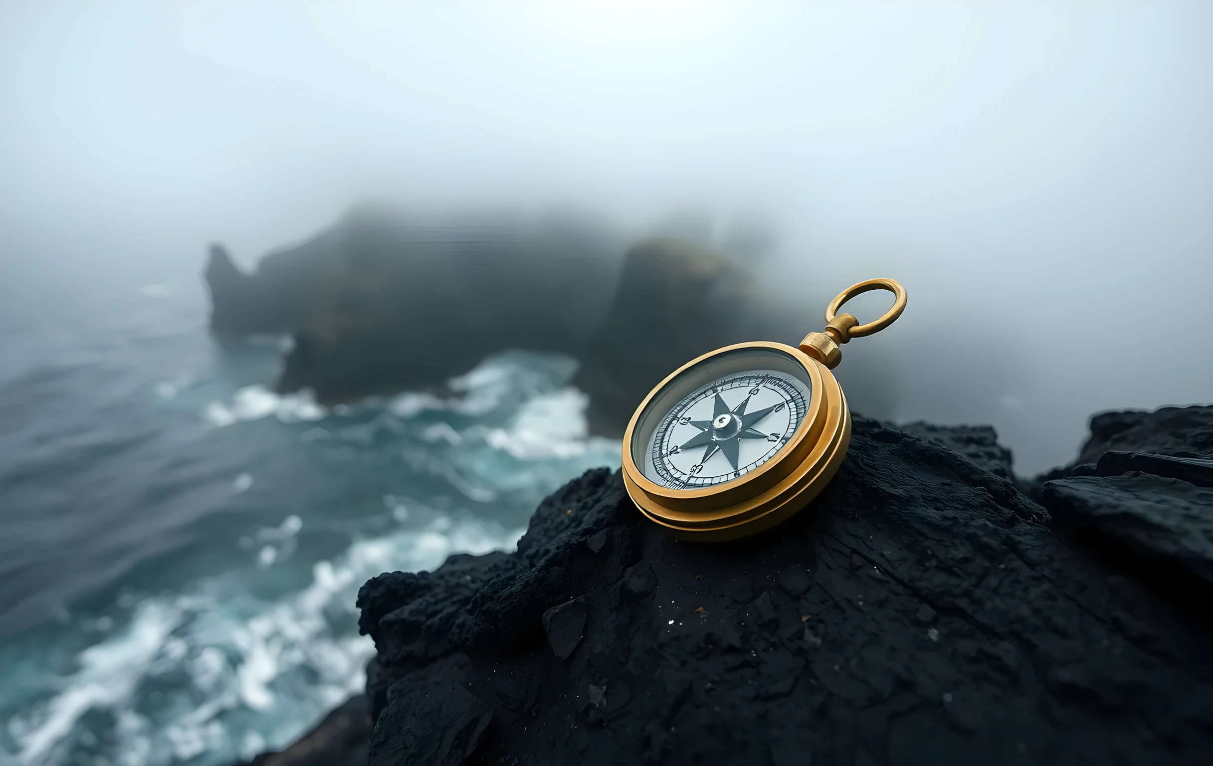 A weathered brass compass resting on dark volcanic rock at the edge of a rocky coastal headland, thick sea fog rolling in behind it from a grey-green ocean, early morning light catching the polished face of the compass while the surrounding cliffs dissolve into mist, wide environmental shot with the vast open sky and churning water filling two-thirds of the frame