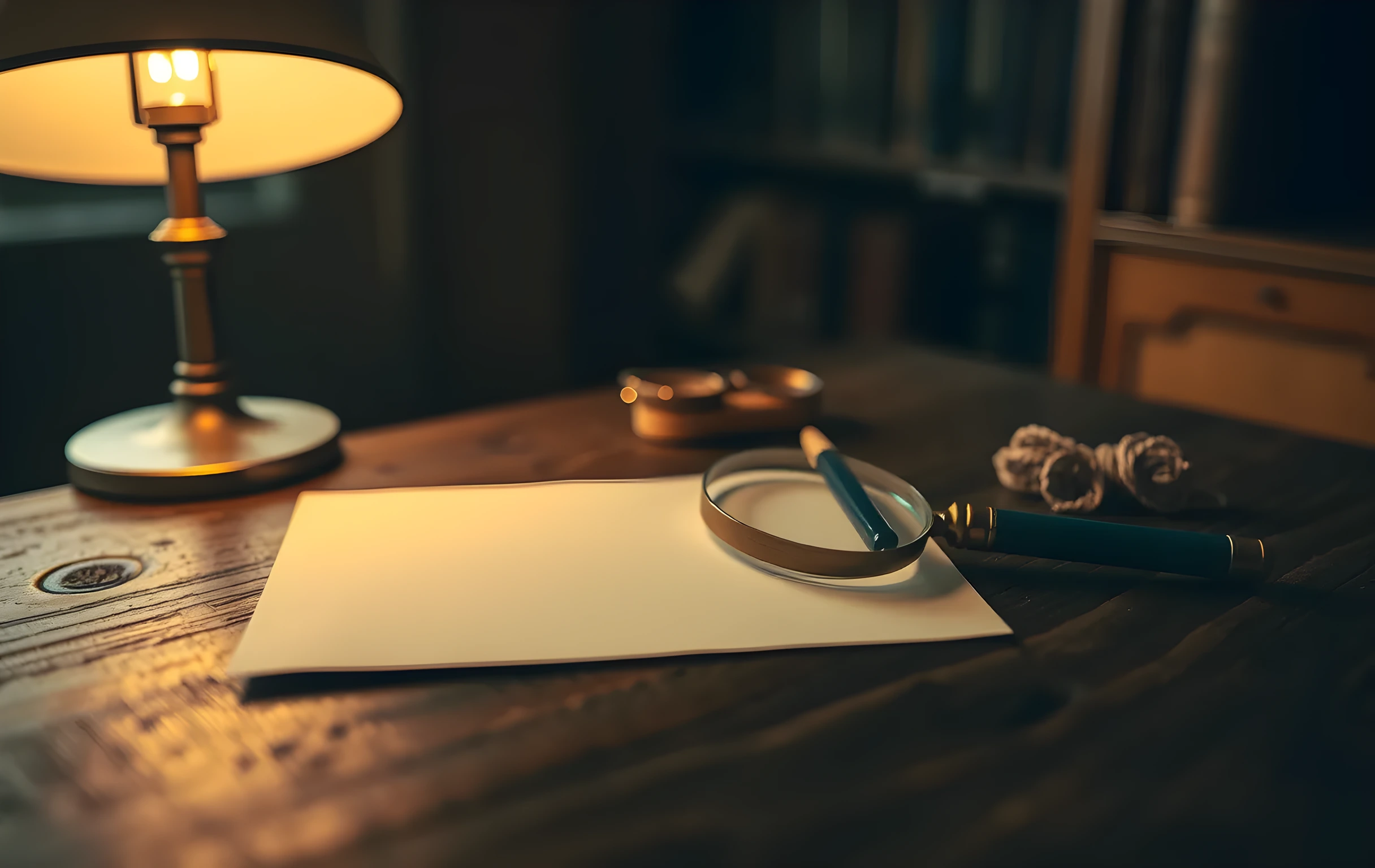 A single worn cream-colored index card lying flat on the dark oak surface of a reading desk in a dim old library alcove, a small brass-handled magnifying glass resting diagonally across its corner, a coil of natural twine and a short stub of green pencil beside it, warm amber lamplight raking across the wood grain and casting long soft shadows, intimate close-up composition with shallow depth of field