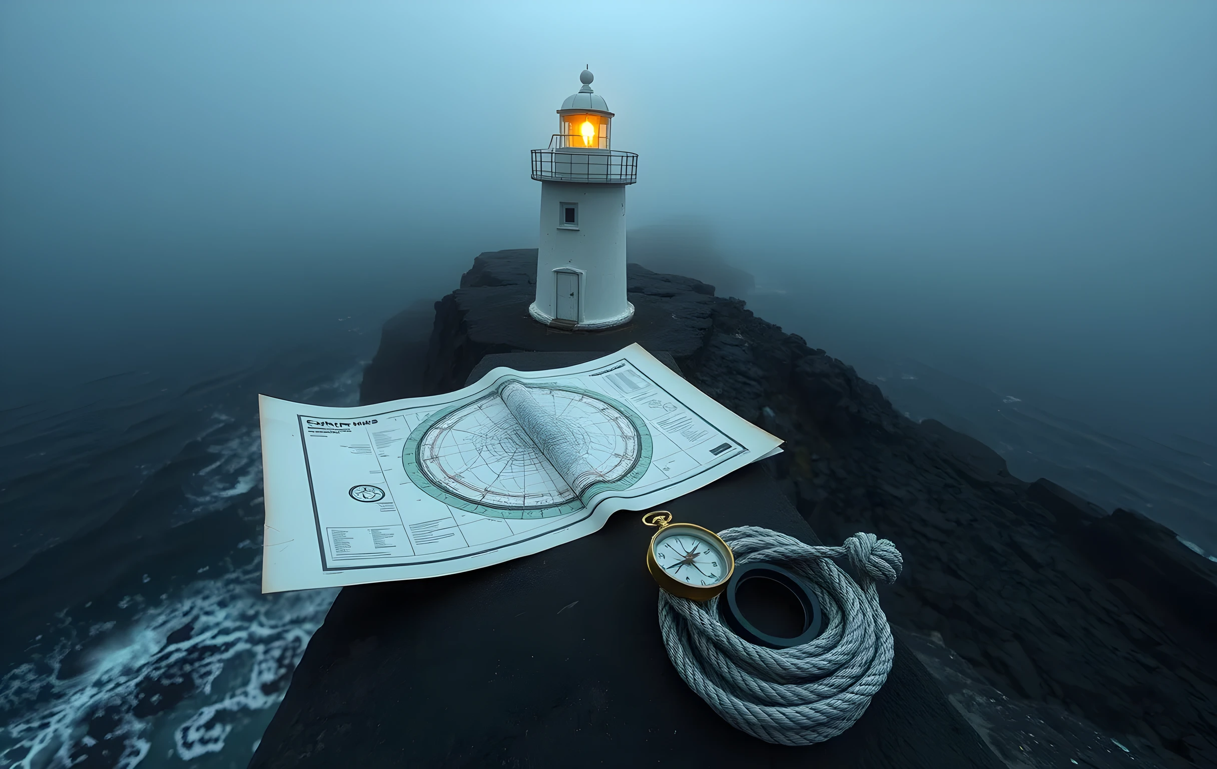 A weathered white lighthouse standing on dark basalt rocks at the edge of a grey Atlantic sea at dusk, its beam cutting through low coastal fog in a long sweep, with an open paper nautical chart and a small brass compass resting on the flat stone base beside coiled salt-crusted rope, wide-angle view showing the full rocky headland and churning water below