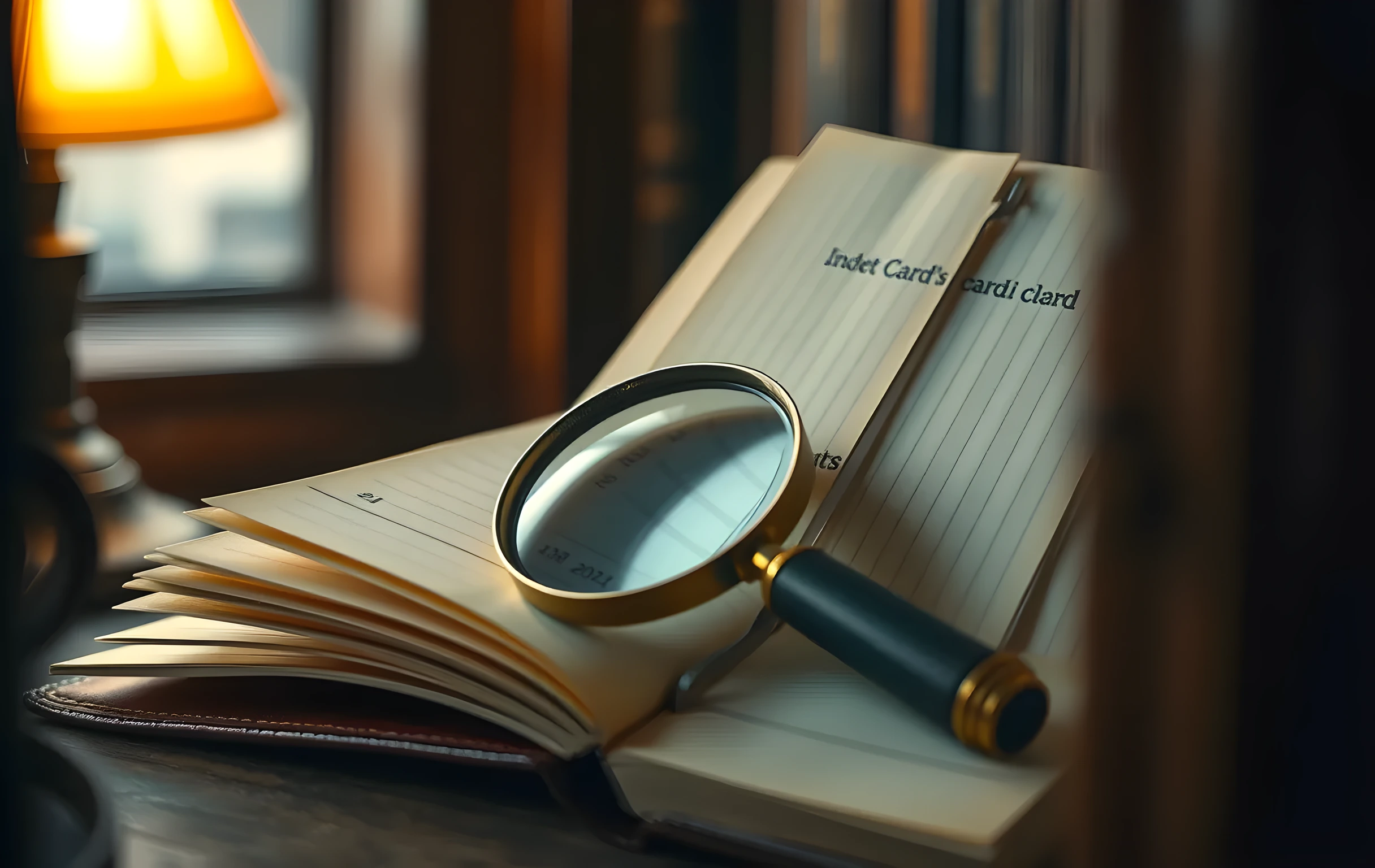 A single tarnished brass magnifying glass lying diagonally across the fanned open pages of a thick leather-bound index card catalog, the small ruled cards slightly askew with faint pencil notches visible on their edges, warm amber lamplight from the left catching the green patina on the metal ring and casting long shadows across the worn page texture, intimate close-up with shallow depth of field