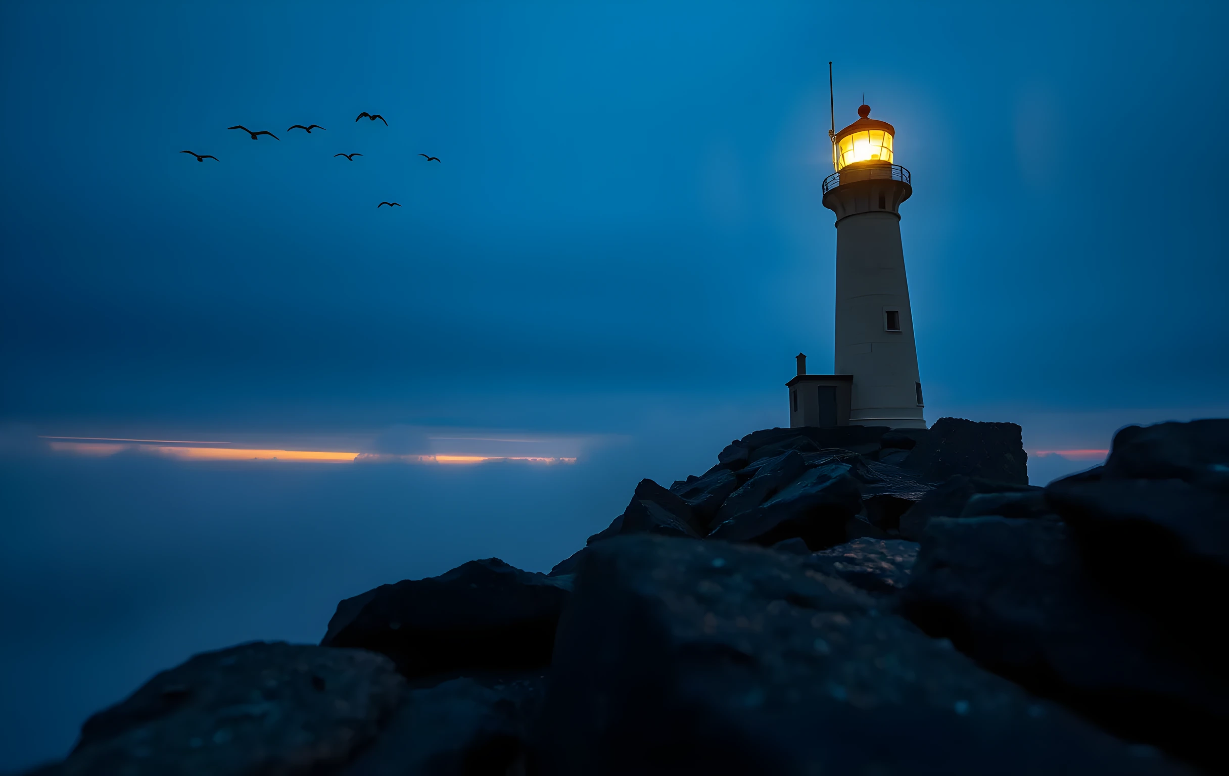 A solitary lighthouse standing on a windswept granite headland at blue-hour dusk, its warm amber beam slicing through low coastal fog that pools between dark basalt rocks below. The sky is deep indigo with a thin band of pale gold along the horizon. A scatter of small white gulls crosses the upper left. The mood is one of being the single clear signal in an otherwise vast and uncertain landscape. No text, no signage, no screens, no people visible