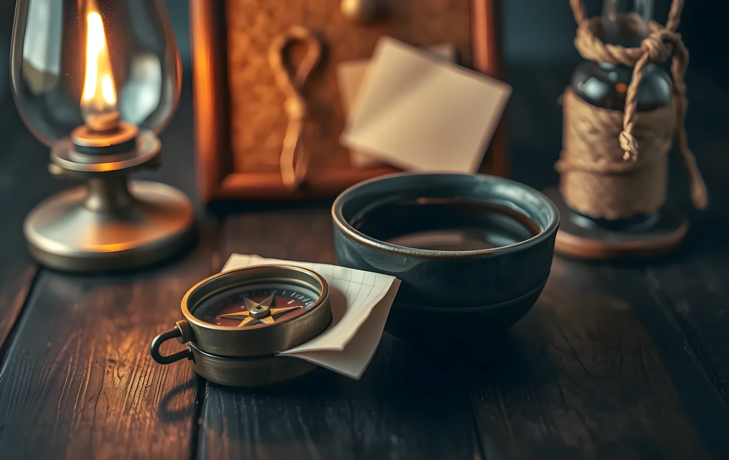 A close-up still life on a worn dark-wood surface: a tarnished brass compass resting beside a small ceramic bowl of dark tea, with a folded piece of nautical chart tucked partially under the compass edge. Behind them, softly out of focus, a corkboard holds a single blank cream-colored card and a loop of waxed cord. Warm amber light from an unseen oil lamp casts long soft shadows across the wood grain. Shallow depth of field, intimate scale, no text visible anywhere, no screens, no faces