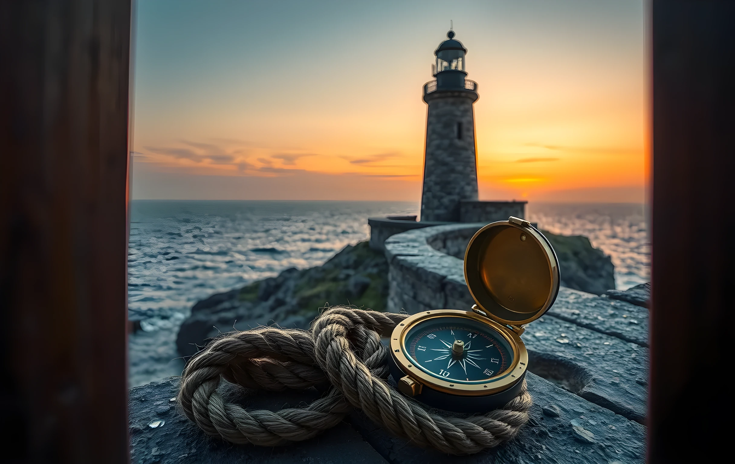 A tall weathered stone lighthouse standing on a windswept rocky headland under a low amber sky at dusk, with a thick braided hemp rope coiled loosely in the foreground and an open antique brass compass resting on rough-hewn granite planking, sea spray catching warm light, wide establishing shot showing the full lighthouse and surrounding cliff edge