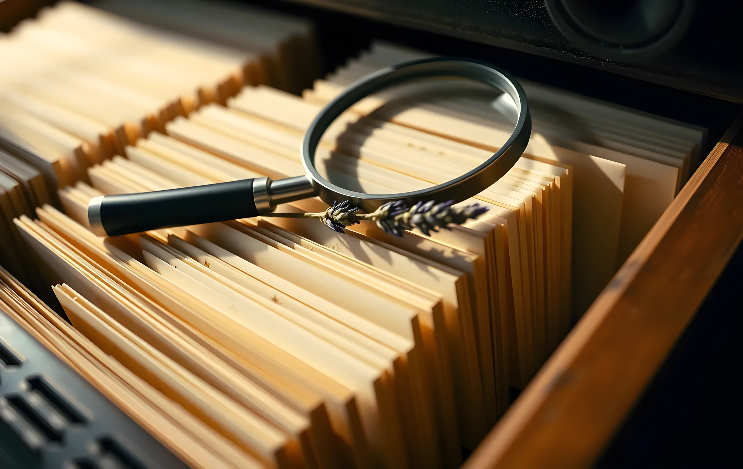 A close-up of a worn leather-bound card catalog drawer pulled partially open revealing rows of small ivory index cards with tiny hand-pressed star indentations on their surfaces, a round magnifying glass resting across the top row, a single dried sprig of lavender tucked between two adjacent cards, warm tungsten side-light casting long shadows across the wooden drawer interior