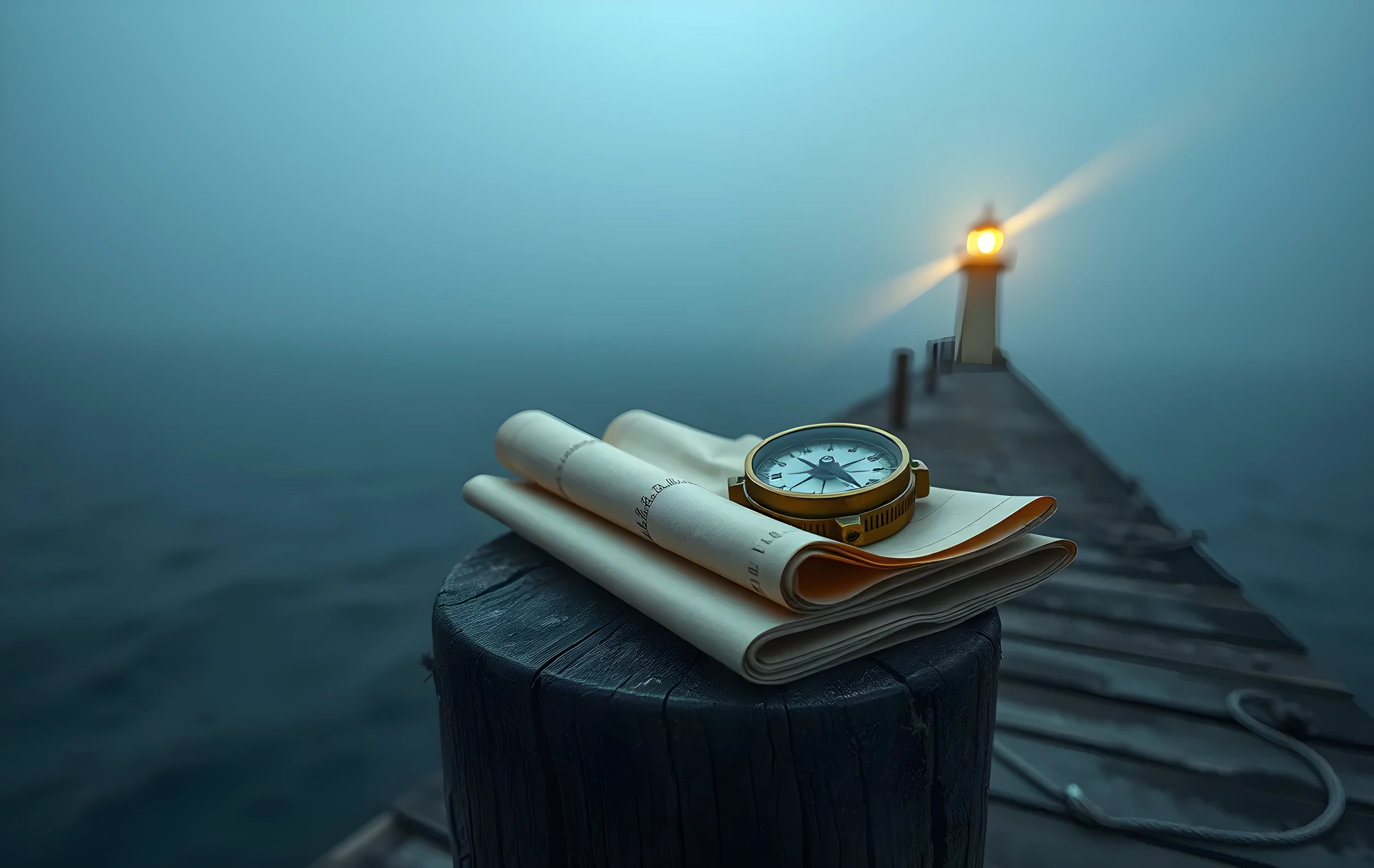A weathered brass compass resting on a stack of rolled parchment nautical charts atop a rough wooden pier post, with a distant lighthouse beam sweeping across thick fog over dark harbor water at dawn. Wide environmental shot, muted blue and amber palette, no text or lettering visible anywhere in the frame