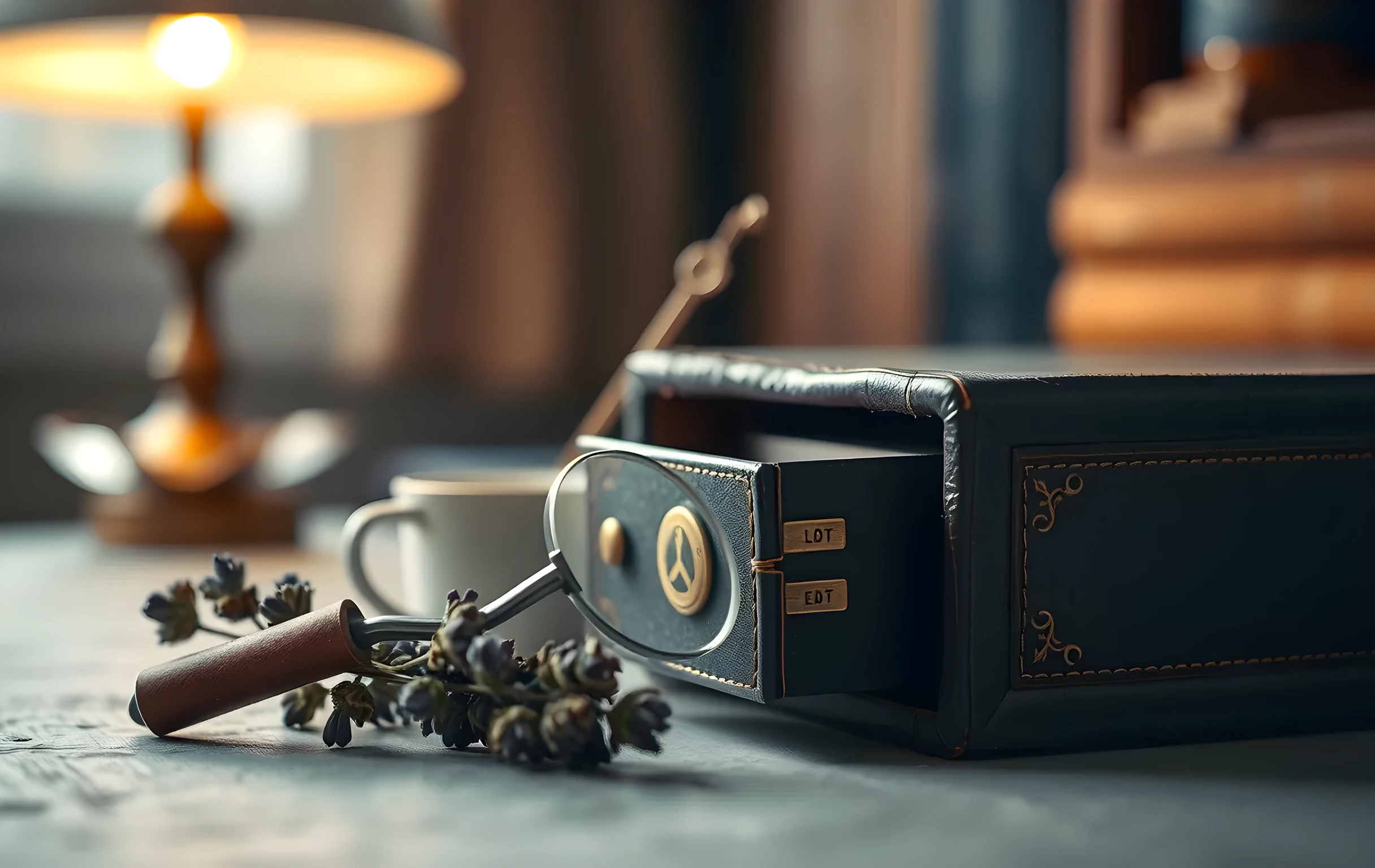 A small ceramic magnifying glass beside a bundle of dried lavender sprigs and a single worn leather-bound card catalog drawer slightly ajar with small brass tabs, all resting on a rough plaster surface under warm amber lamplight. Tight close-up detail shot, shallow depth of field, no text or lettering visible anywhere in the frame