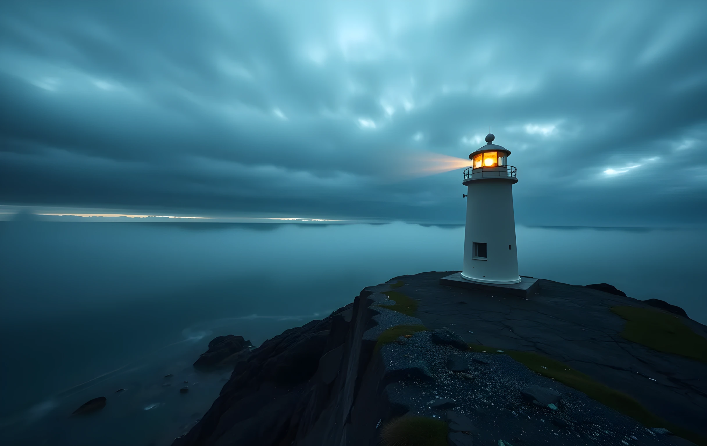 A lighthouse standing on a windswept rocky headland at first light, its beam cutting through low coastal mist over a vast dark sea stretching to the horizon. Wide establishing shot, muted blue and amber tones, dramatic sky with layered clouds, no visible text or structures other than the lighthouse itself