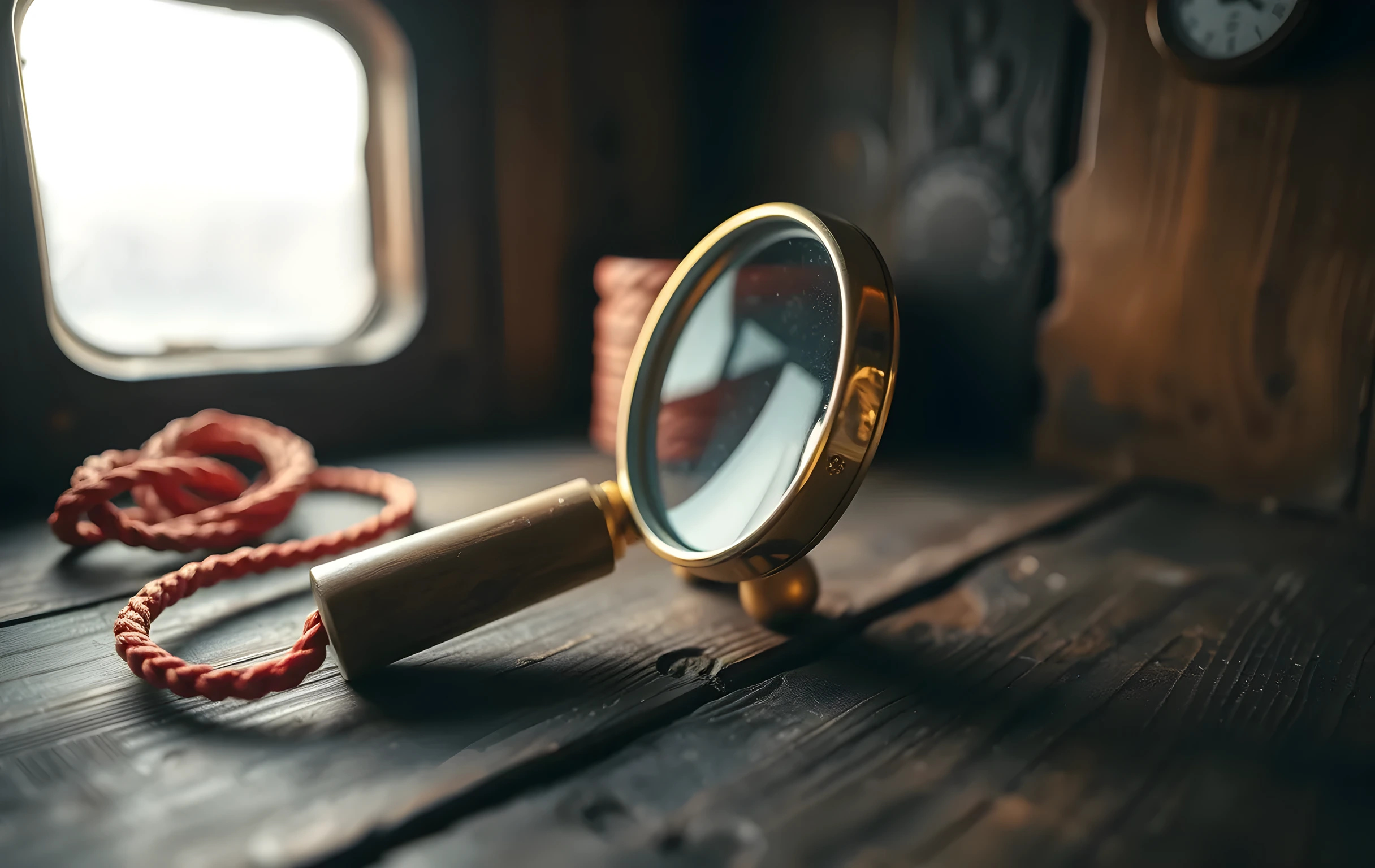 A heavy brass magnifying glass with a worn wooden handle resting on a rough-hewn oak shelf inside a salt-weathered boathouse, beside a small coil of red braided cord. Close detail shot with shallow depth of field, warm late-afternoon light streaming through a single frosted pane window, visible wood grain and metal patina textures prominent