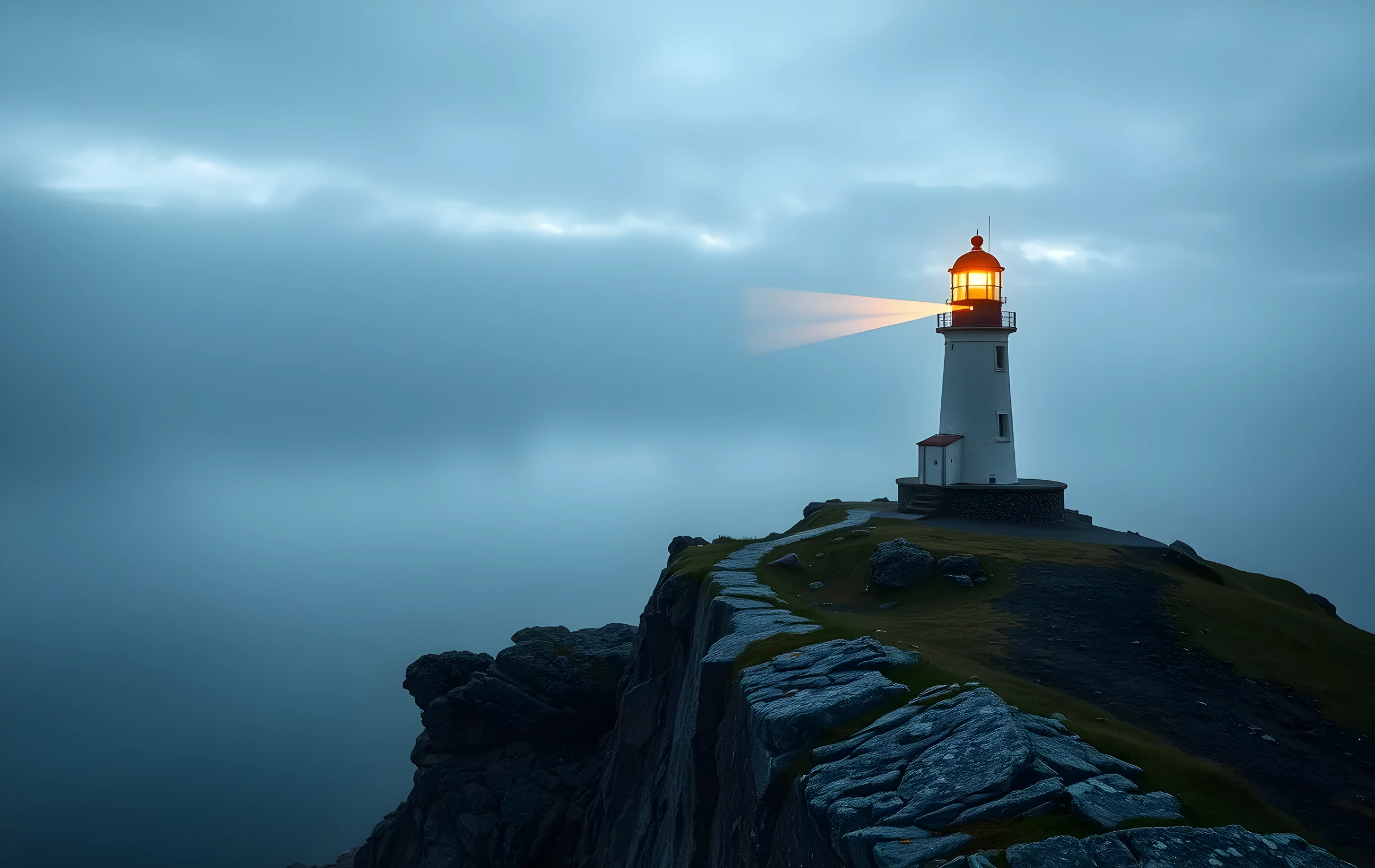 A solitary lighthouse perched on a windswept granite headland at first light, its beam cutting a sharp golden wedge through thick coastal fog that rolls off the open sea below; seen from a wide distance with the horizon line low in frame and layered stratus clouds above, muted palette of slate blue, warm amber, and grey-green rock, no people, no text