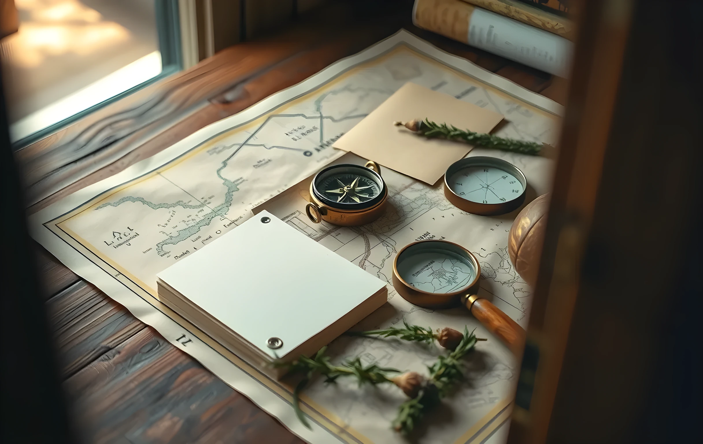 A single polished brass compass lying flat on an aged nautical chart spread across a weathered oak cartographer's workbench, surrounded by a small stack of blank cream-colored index cards, a round magnifying glass with a wooden handle catching warm afternoon window light, and a few dried sprigs of rosemary for scale; close-up detail shot from slightly above, shallow depth of field, no text visible on any surface, no hands or faces