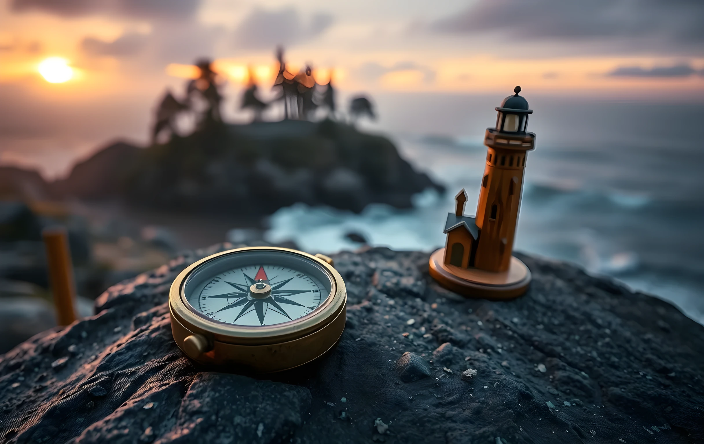 A wide coastal scene at golden hour: a weathered brass compass with its needle pointing northeast rests on a rough granite outcrop, beside it a small hand-carved lighthouse model in aged wood, while thick sea fog rolls between dark pine trees on a distant headland, the sky burning amber and violet above the churning grey ocean