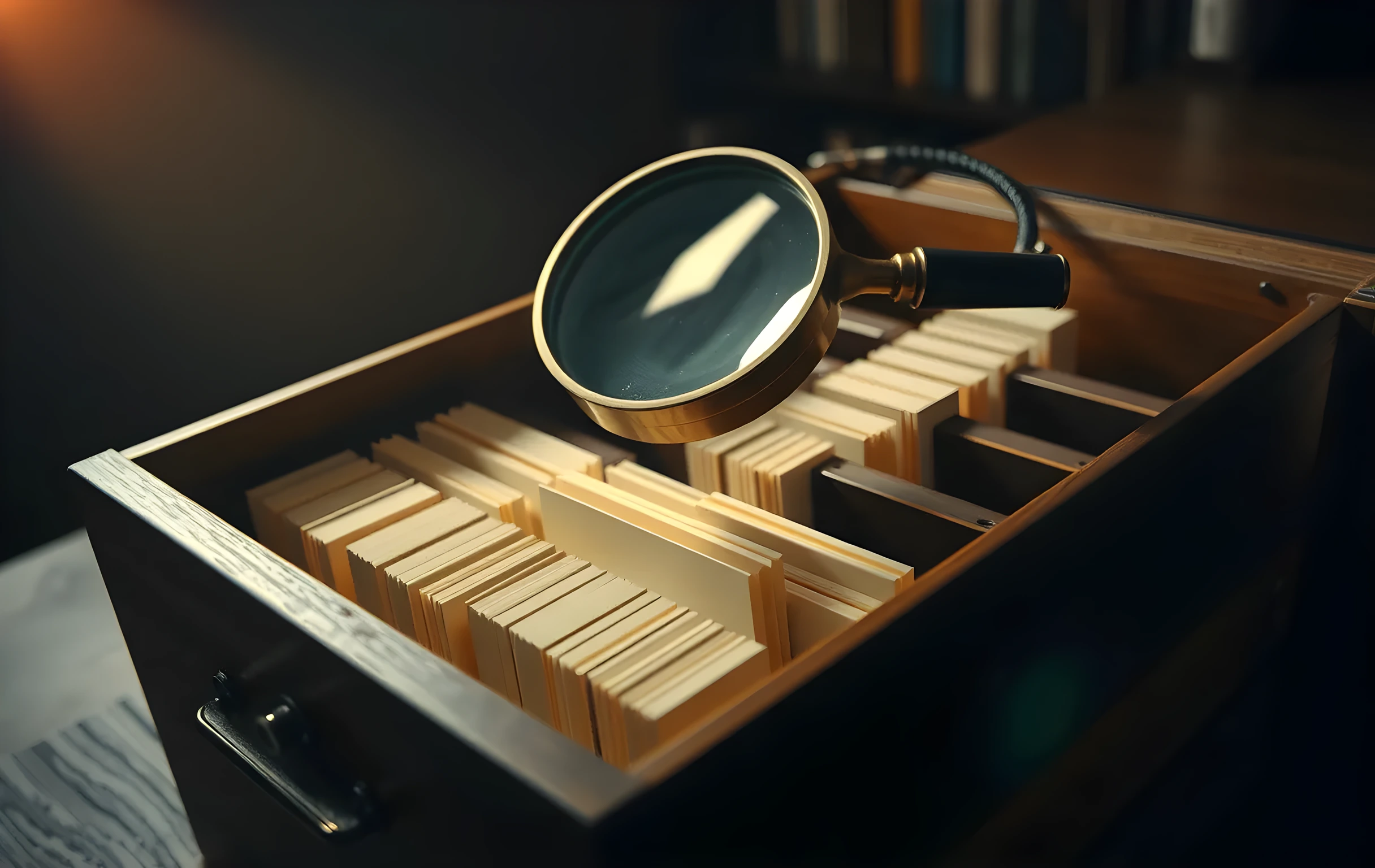 A tight close-up inside a dimly lit old archive: a heavy round magnifying glass with a worn leather handle sits atop an open wooden card catalog drawer, its brass rim catching a single warm beam of light, beneath it dozens of blank cream-colored index cards are neatly filed in shallow wooden slots, the grain of the dark oak table surface visible around the edges