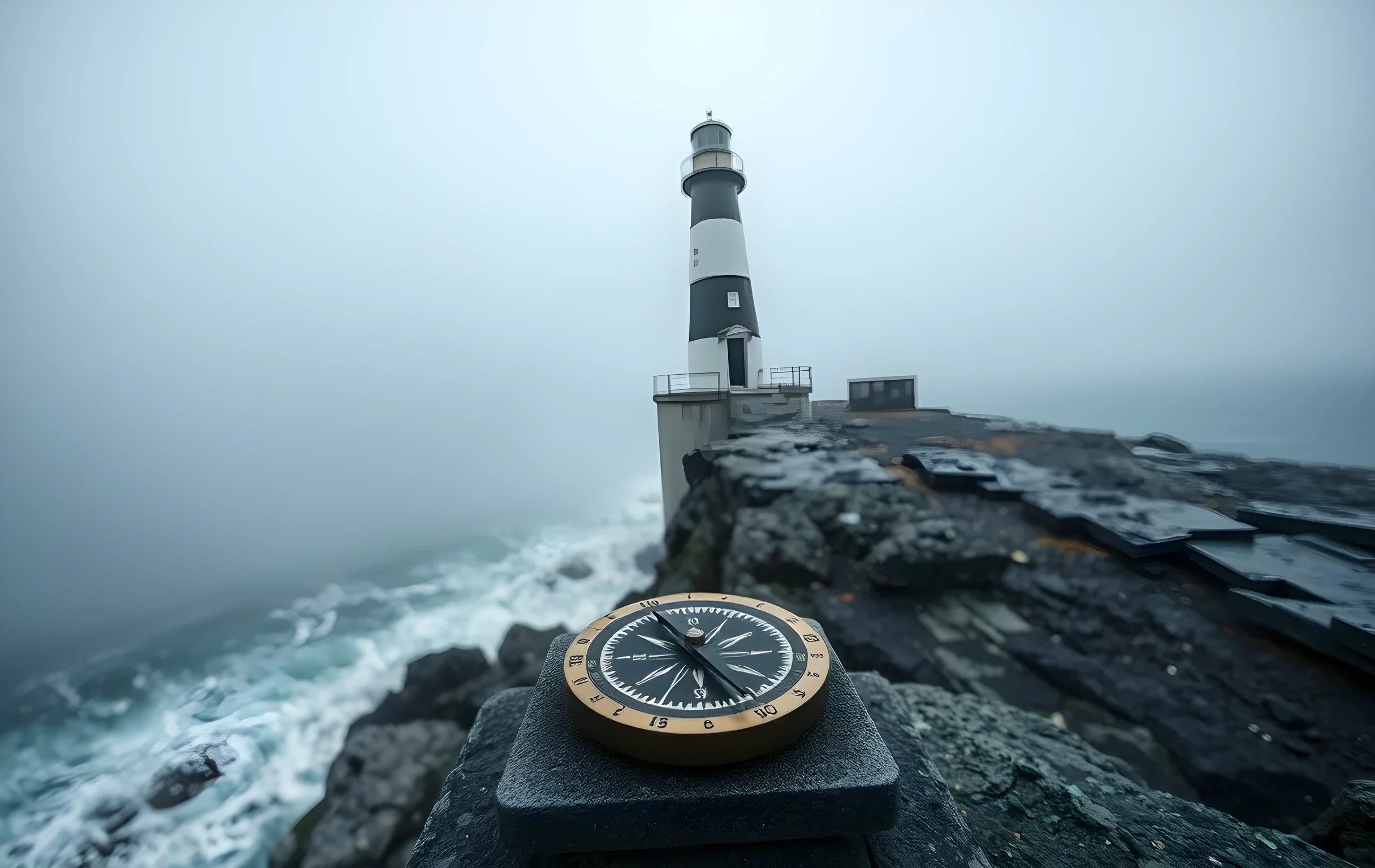 A weathered lighthouse standing on a rugged granite headland at first light, thick sea mist curling around its white-and-black striped tower, a single brass compass with a dark oxidized face resting on the flat stone base in the lower foreground, rough Atlantic swells breaking against the rocks far below, muted palette of slate grey, pale gold, and deep teal, wide environmental composition emphasizing isolation and direction