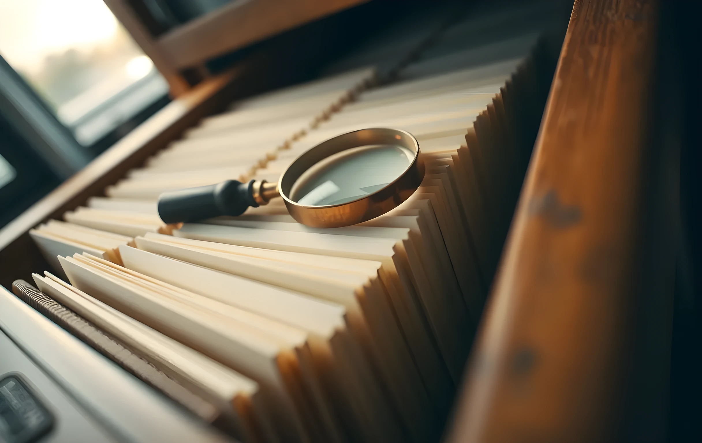 A close-up view inside an old oak library card catalog drawer pulled half open, rows of blank cream-colored index cards fanned slightly apart, a small brass magnifying glass with a worn leather handle lying across the top two cards, warm amber lamplight casting soft shadows between the card spines, tight framing on the objects filling the frame, shallow depth of field blurring the wooden drawer edges into soft bokeh