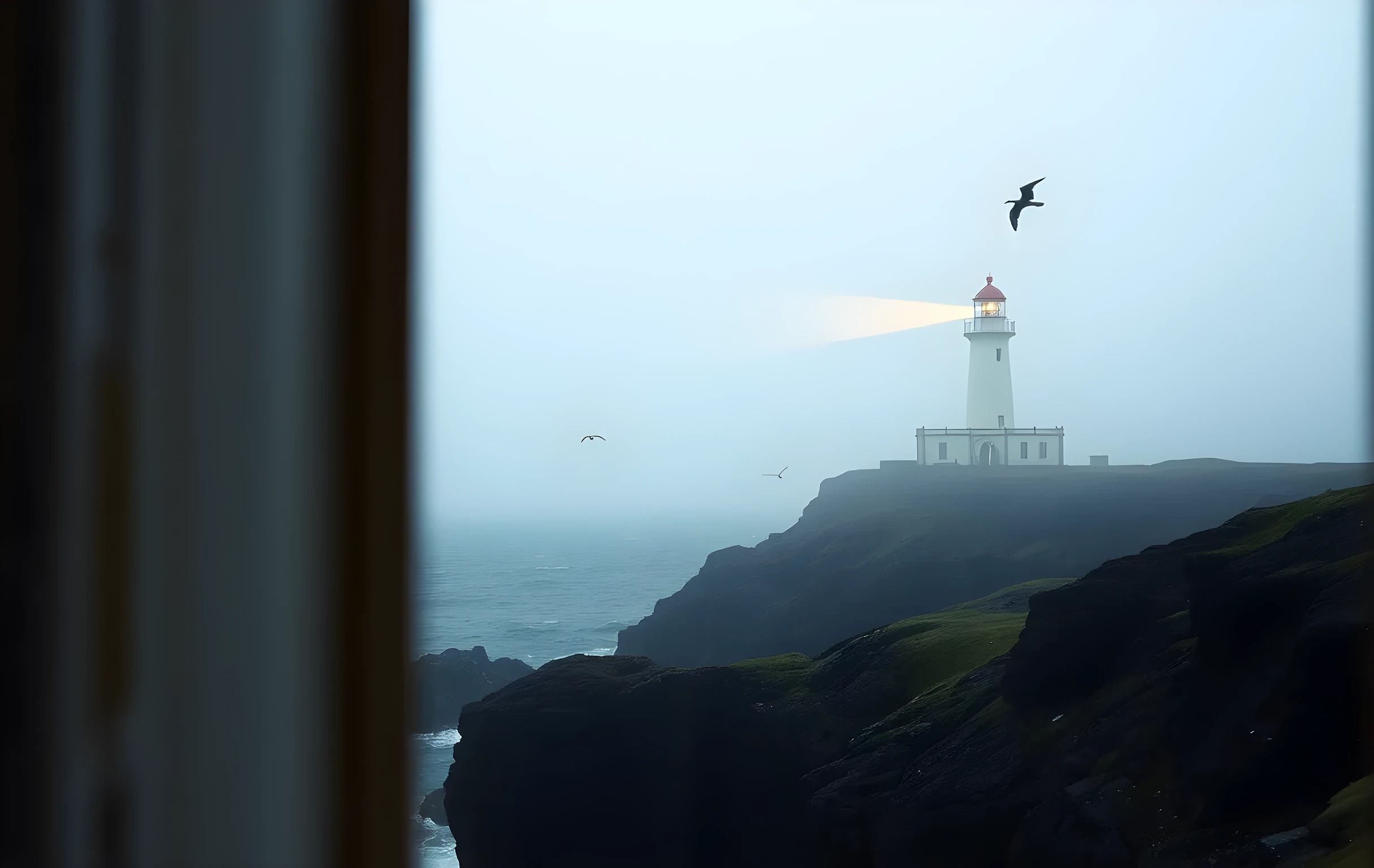A wide coastal scene at dawn: a tall white lighthouse perched on dark basalt cliffs overlooking a churning grey-green sea, thick fog rolling in from the water and swallowing the horizon, the lighthouse beam cutting a pale gold wedge through the mist, gulls scattered as small dark shapes against the overcast sky, no visible text or signage anywhere