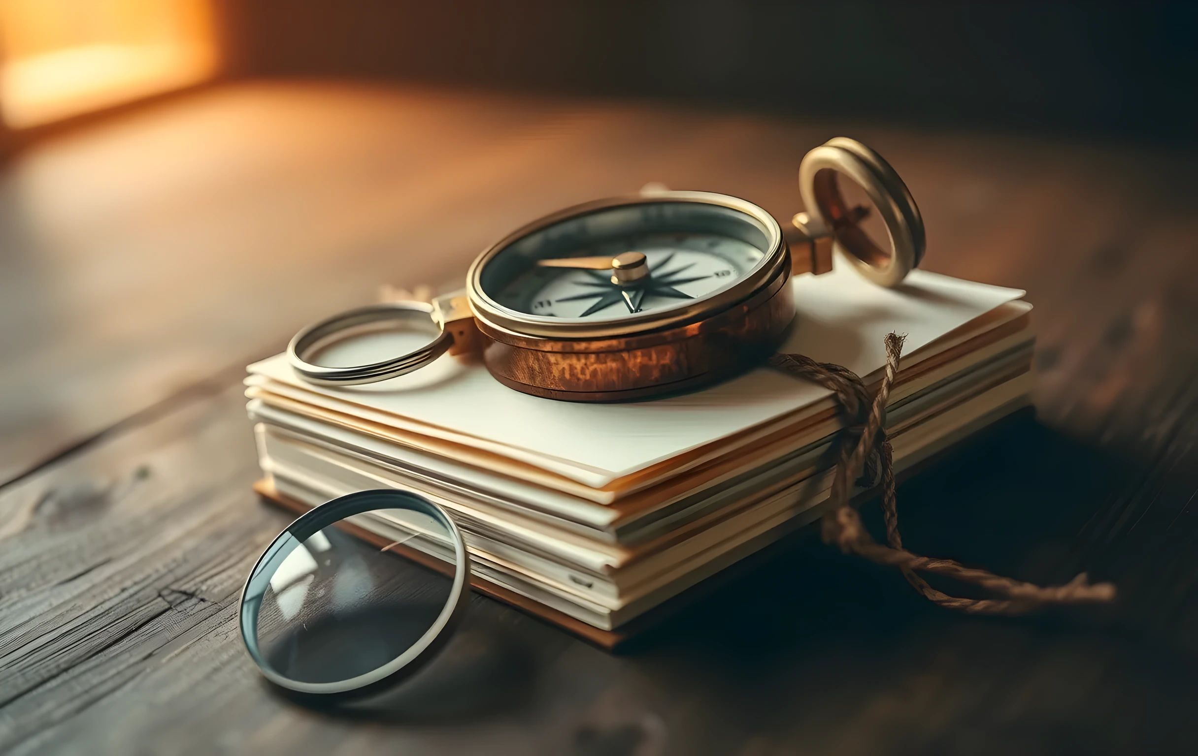 A tight close-up of a polished brass compass with its needle still in motion, resting on top of a thick stack of aged cream-colored index cards bound with natural twine, a small round glass magnifying lens lying beside them, warm amber light falling from the left casting long soft shadows across a worn dark wooden surface, shallow depth of field blurring the background into a soft brown wash
