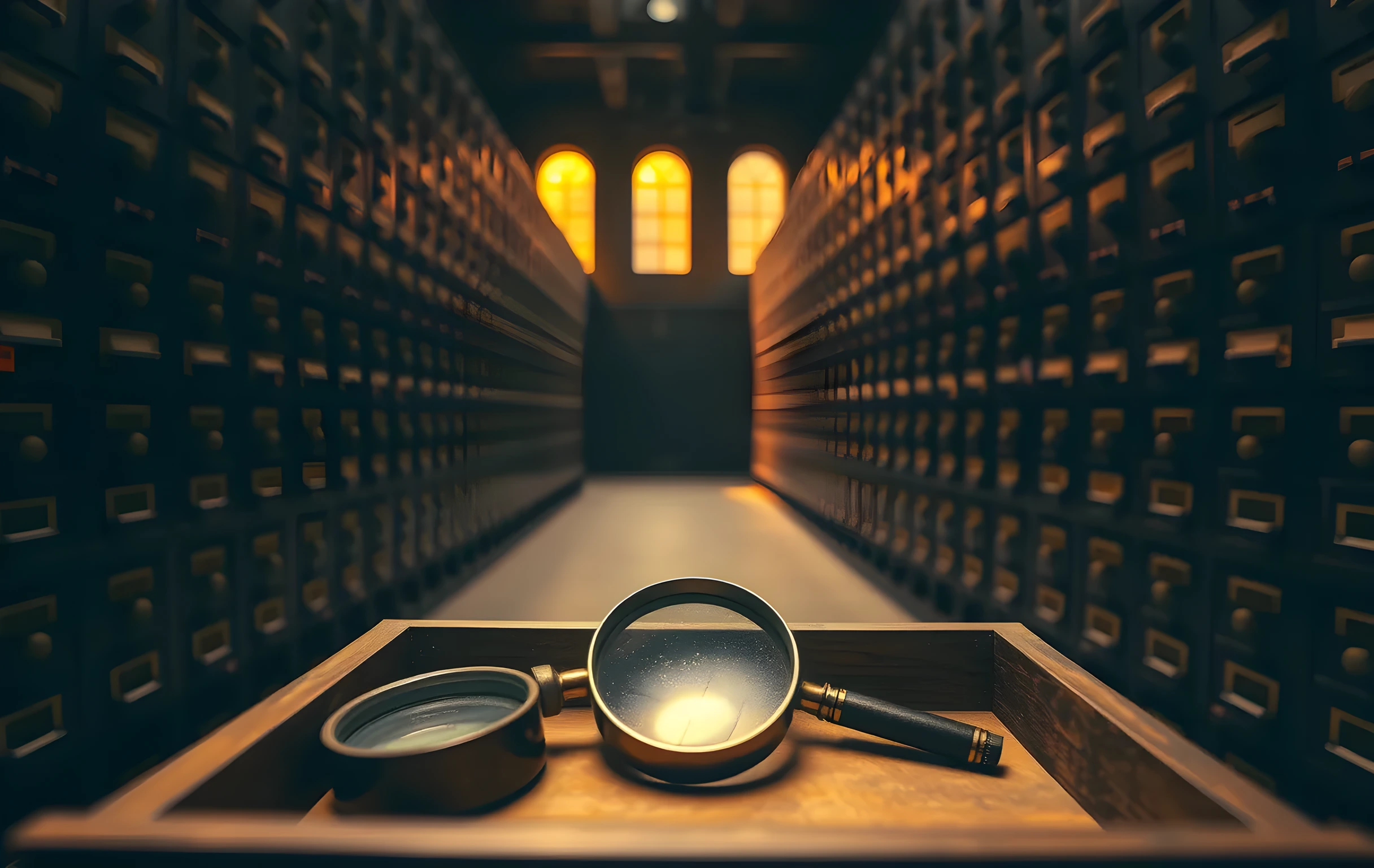 A vast dimly lit archive room with rows of tall brass-ringed card catalog drawers stretching into deep perspective, warm amber light spilling through narrow arched windows high on the wall, dust motes suspended in the light beams, a single old magnifying glass resting on an open wooden drawer tray in the foreground, the overall mood quiet and institutional, muted browns and golds