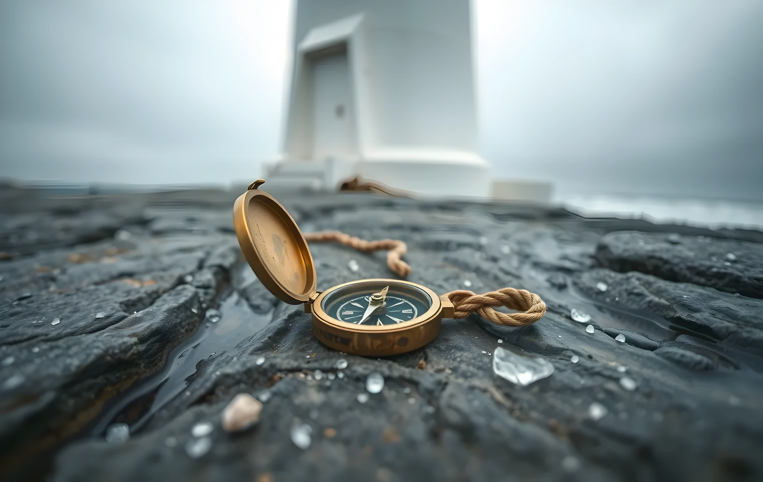 A small weathered brass compass lying open on rough grey limestone rock at the base of a white-painted lighthouse, its needle frozen pointing toward a distant unseen point, shallow tide pools reflecting overcast sky around the base, a frayed natural-fiber rope coiled loosely beside it, salt crystals catching pale light on the compass casing, intimate close framing with the lighthouse tapering into soft focus above