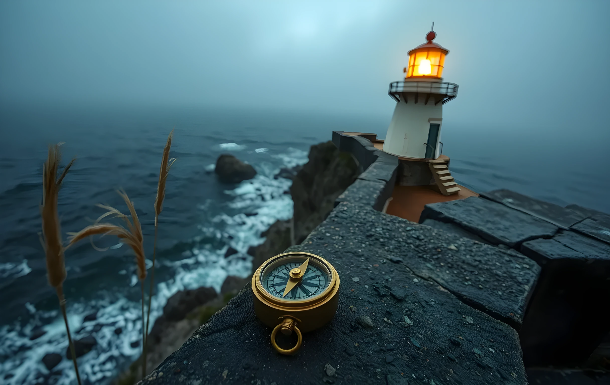A weathered lighthouse perched on a windswept granite headland at golden hour, its warm beam slicing through low coastal fog over dark churning water, wild sea grasses bending heavily in the wind along the rocky shore, a small tarnished brass compass resting on the rough stone parapet in the foreground catching the last amber light, muted palette of deep teal, slate grey, and burnt gold, wide environmental composition