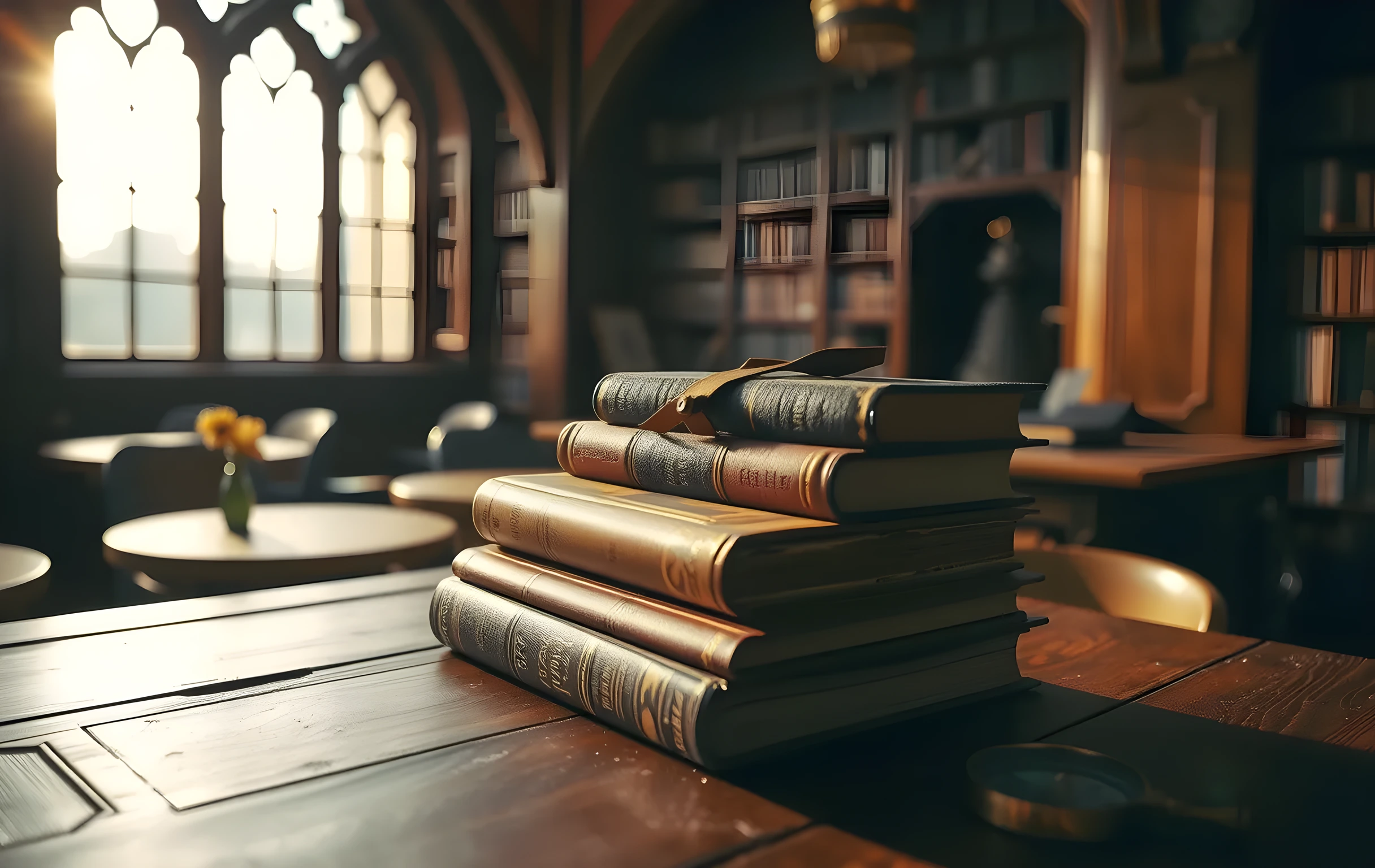 A heavy oak reading desk inside an old maritime library, a glass magnifying lens resting atop a neat stack of thick leather-bound reference volumes with cloth spines, a small brass nautical compass beside them, soft warm afternoon light streaming through tall arched windows casting long shadows and visible dust motes in the beam, close detail framing focused on the objects, rich amber and deep brown tones, quiet contemplative atmosphere