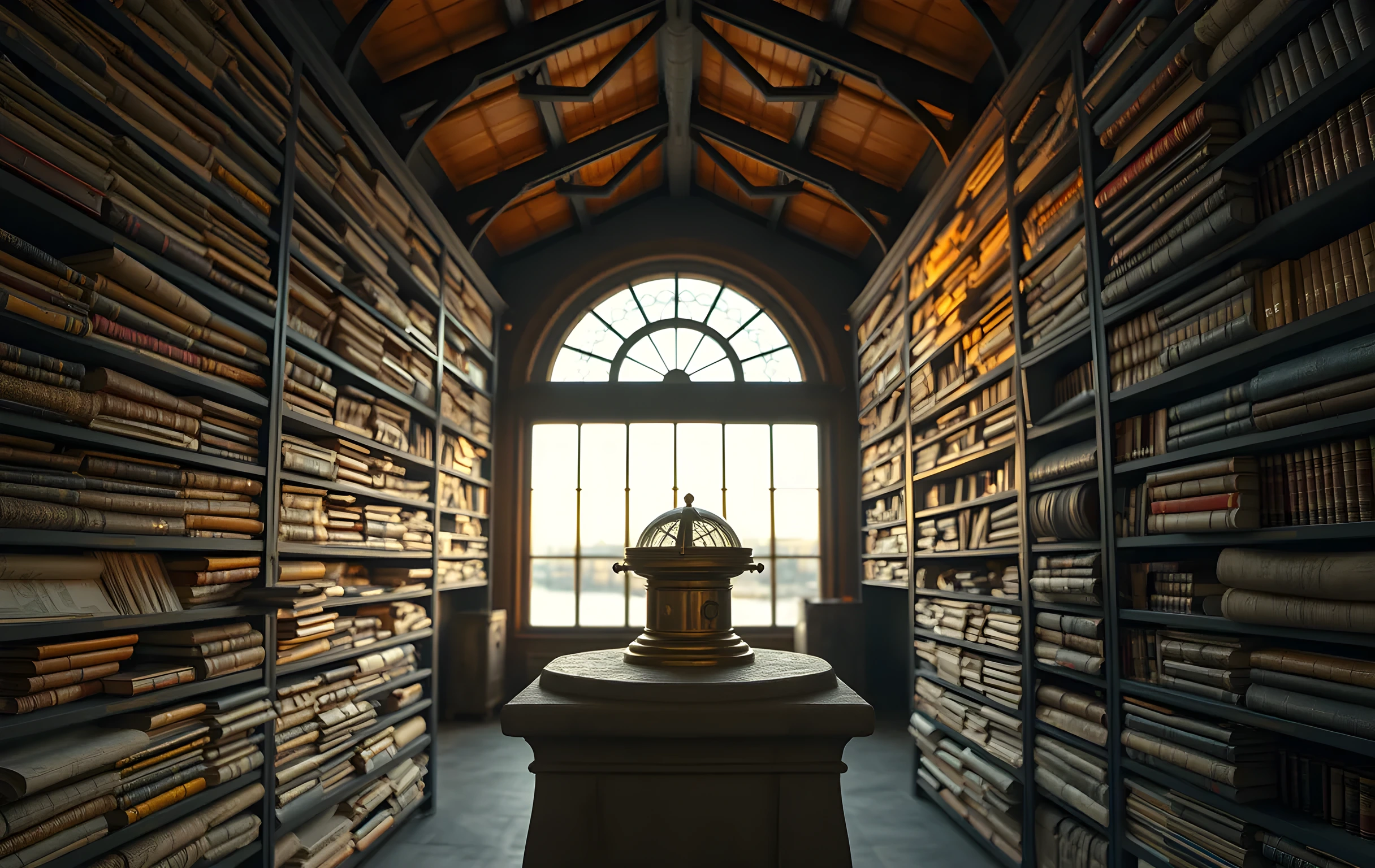 A vast maritime chart room with towering shelves of rolled nautical charts and thick leather-bound logbooks stretching to a vaulted ceiling, warm amber light streaming through tall arched windows overlooking a calm harbor, a polished brass compass on a stone pedestal in the center of the room, dust motes suspended in golden light beams, the overall atmosphere of a grand navigational archive