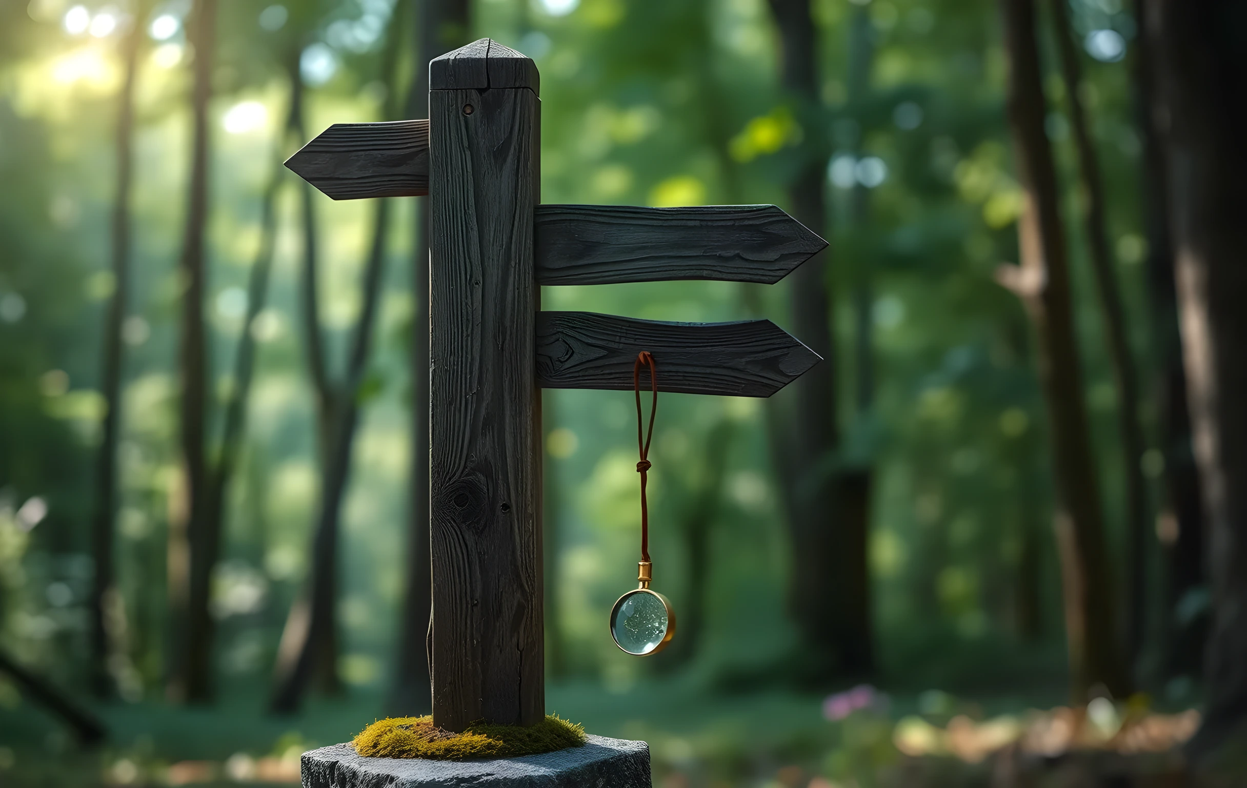A weathered wooden signpost with three carved directional arms pointing different ways, standing on a mossy granite base in a quiet forest clearing, dappled emerald light filtering through the overhead canopy, a small brass magnifying glass hanging from the lowest arm by a worn leather cord, shallow depth of field with the background dissolving into soft green bokeh
