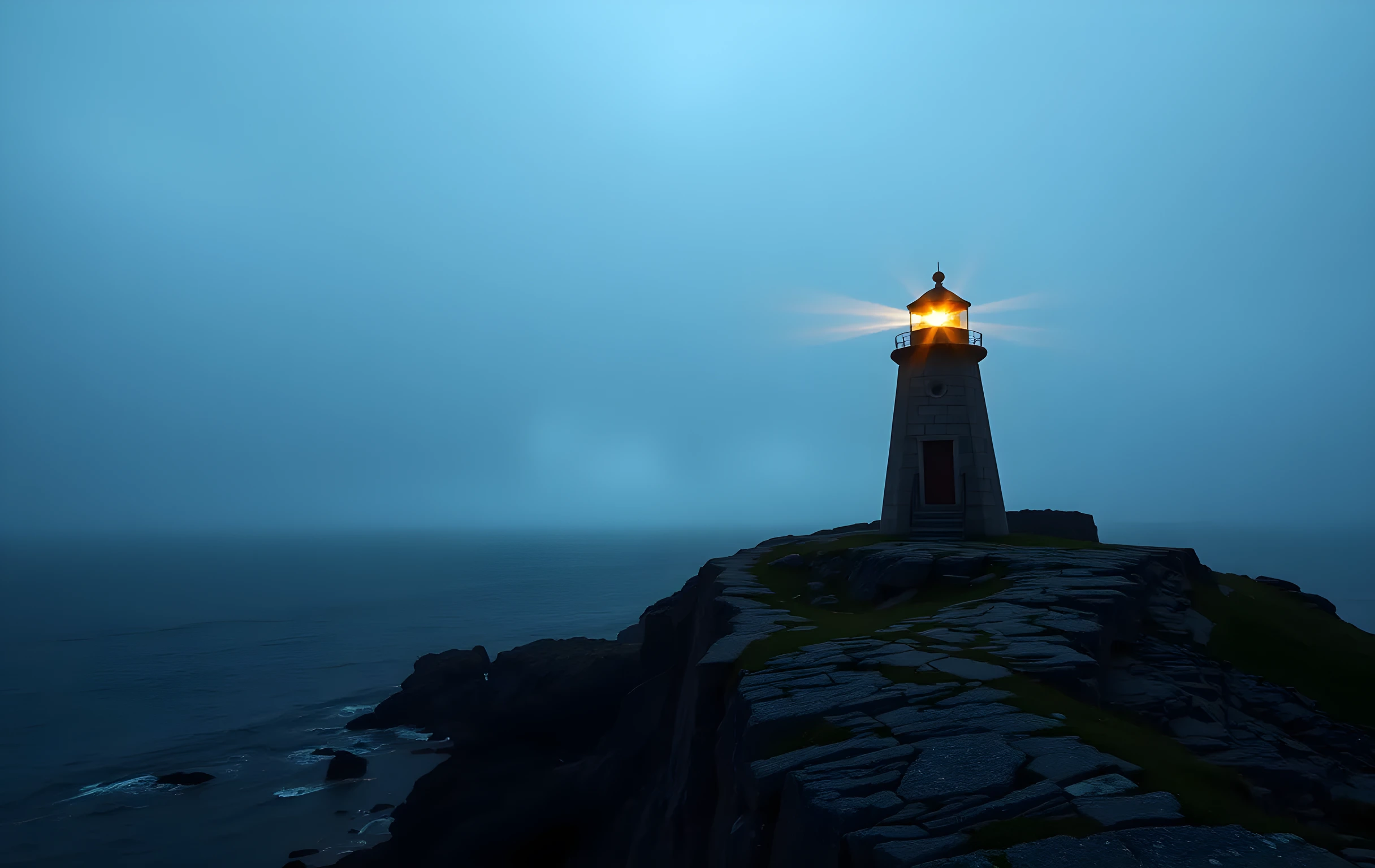 A wide shot of a solitary stone lighthouse on a jagged granite headland at dusk, its twin amber beams cutting through thick coastal fog that rolls in from a steel-grey sea. The lighthouse is small in the frame, dwarfed by the vast expanse of dark water and low bruised clouds filling two-thirds of the image. Wet rocks glisten below. The mood is quiet, navigational, and slightly melancholic. Warm light against cold blue-grey tones. No people, no text, no buildings beyond the lighthouse itself