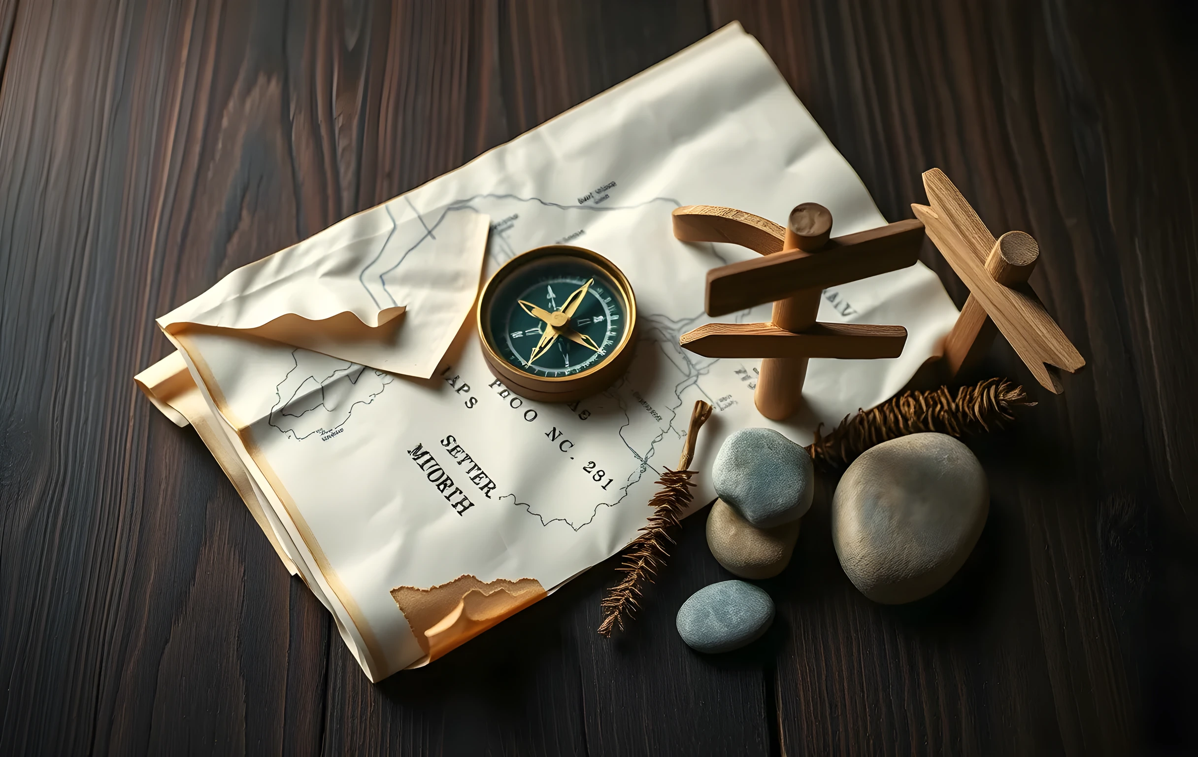 A close-up, shallow-depth-of-field still life on a worn dark oak surface: a vintage brass compass with its needle resting near north, lying atop a partially unrolled hand-drawn map with visible contour lines and a small folded corner. Beside them stands a tiny carved wooden signpost with three blank directional arms pointing different ways. A few scattered dried pine needles and a single smooth river stone complete the arrangement. Warm amber side-lighting from the left, soft shadow falloff to the right. No text of any kind, no screens, no hands, no faces