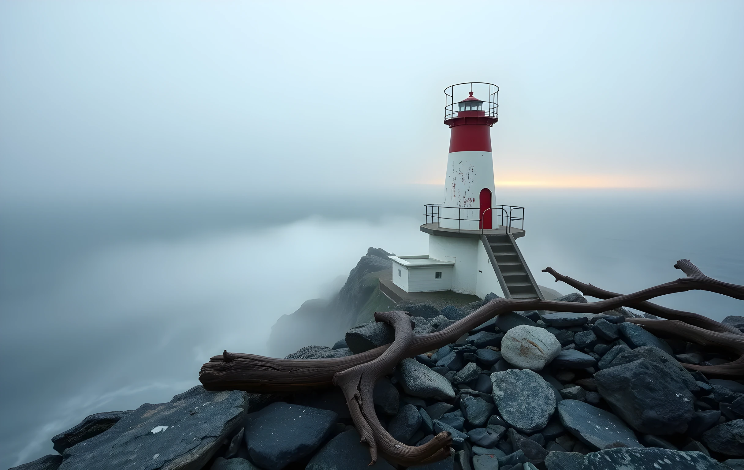 A weathered white lighthouse with a faded red band stands on a rugged granite headland at first light, its beam cutting through low coastal fog that pools around the base like milk. Smooth driftwood and sea-tumbled stones litter the foreground rocks. The grey-green Atlantic stretches to a hazy amber horizon. Overcast sky with a single break of warm gold behind the tower. Wide-angle environmental shot, natural muted palette, no text or signage visible