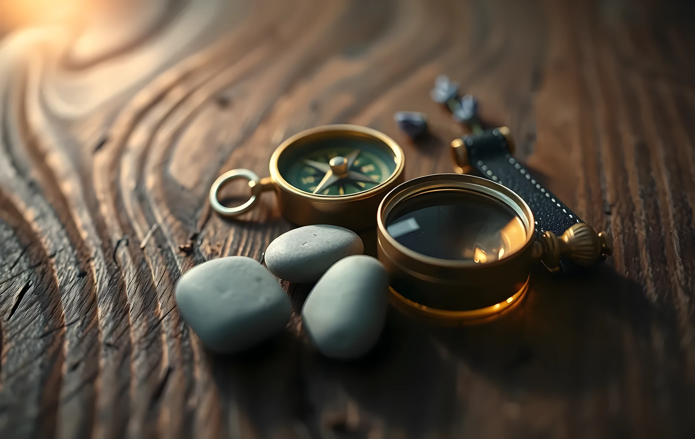 A small brass compass with a slightly deflected needle rests on a rough-hewn oak plank surface, its patina catching warm afternoon light from the left. A leather-strapped magnifying glass lies beside it, lens reflecting a soft golden glow. Three smooth river stones in grey and amber tones are arranged loosely nearby, along with a single sprig of dried lavender. Tight close-up framing, shallow depth of field, warm earthy tones, no text or markings on any object