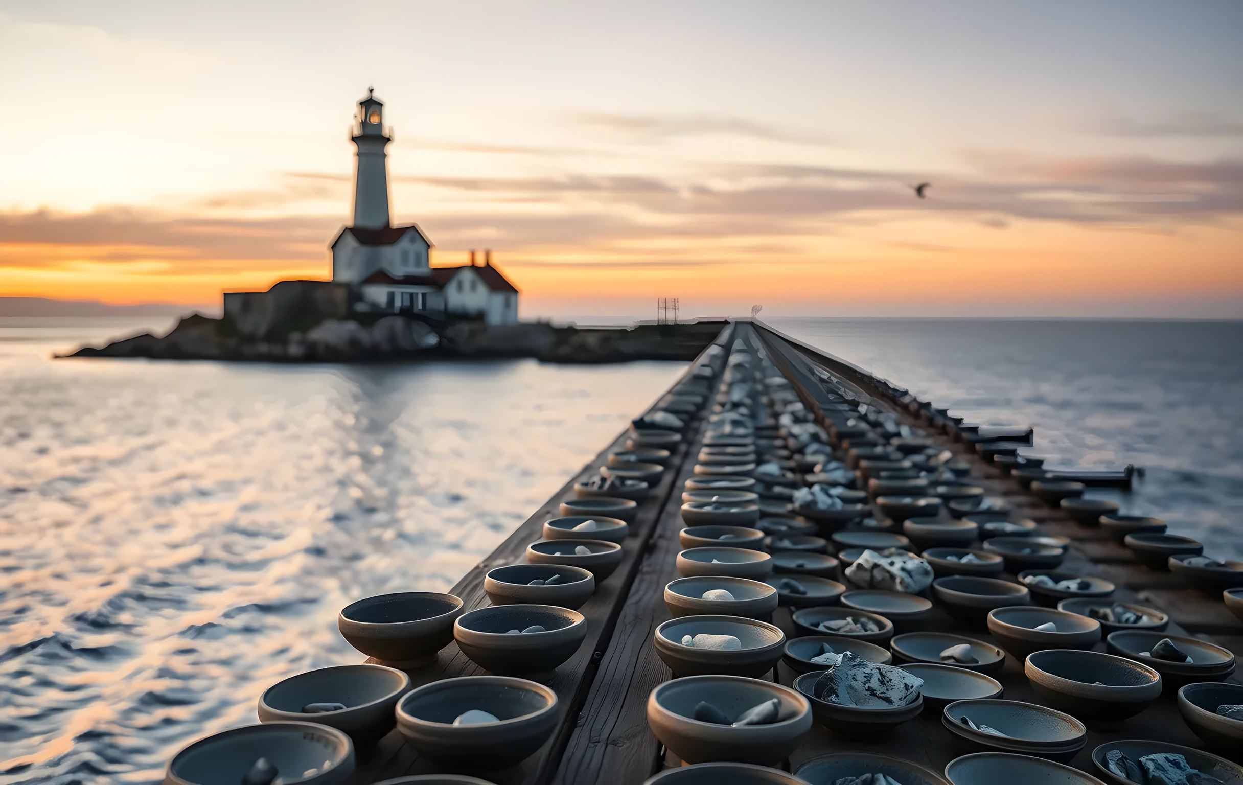 A wide coastal landscape at golden hour where a weathered white lighthouse stands on a rocky headland above a long wooden pier extending into calm water; along the pier are hundreds of small ceramic bowls in neat rows, each containing sorted river stones in gradations from pale cream to deep slate blue, stretching into soft mist; the sky is layered amber and lavender with thin clouds