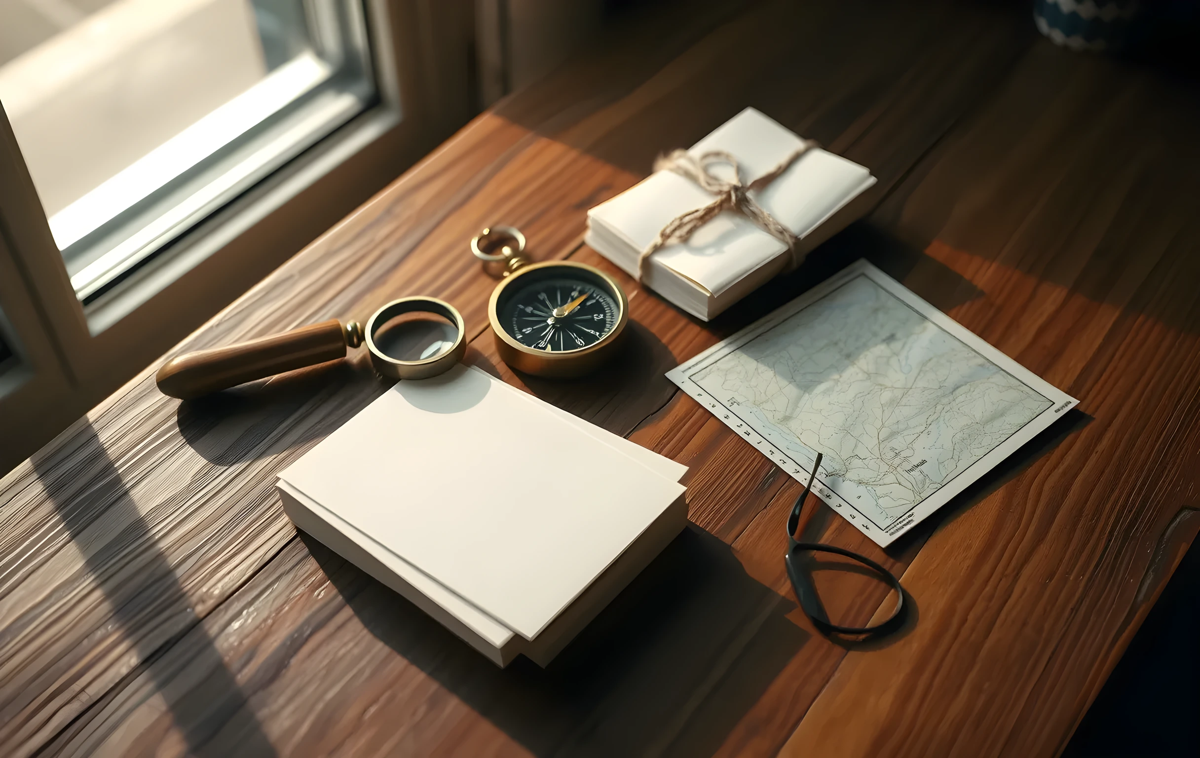 A tight close-up on a rough-hewn oak tabletop near a window where soft diffused morning light enters from the left; a brass magnifying glass with a wooden handle rests beside a small pocket compass with its needle pointing northeast, next to a thick stack of blank cream-colored index cards tied with natural twine and a single folded piece of heavy cotton paper map with visible contour lines but no legible text; warm shadows stretch long across the grain of the wood