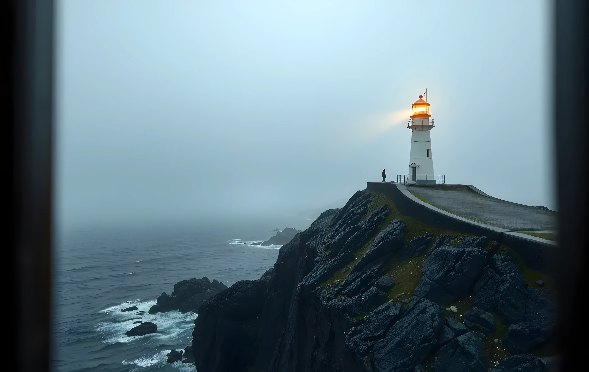 A solitary white lighthouse standing on a jagged basalt cliff above a churning grey-green sea at first light, thick coastal fog rolling in from the left side of frame, the warm beam cutting a visible cone through mist toward a wide open horizon, distant rocky islets fading into haze, shot from a low angle emphasizing the height of the cliff and the vastness of the water, moody atmospheric natural light, no text anywhere