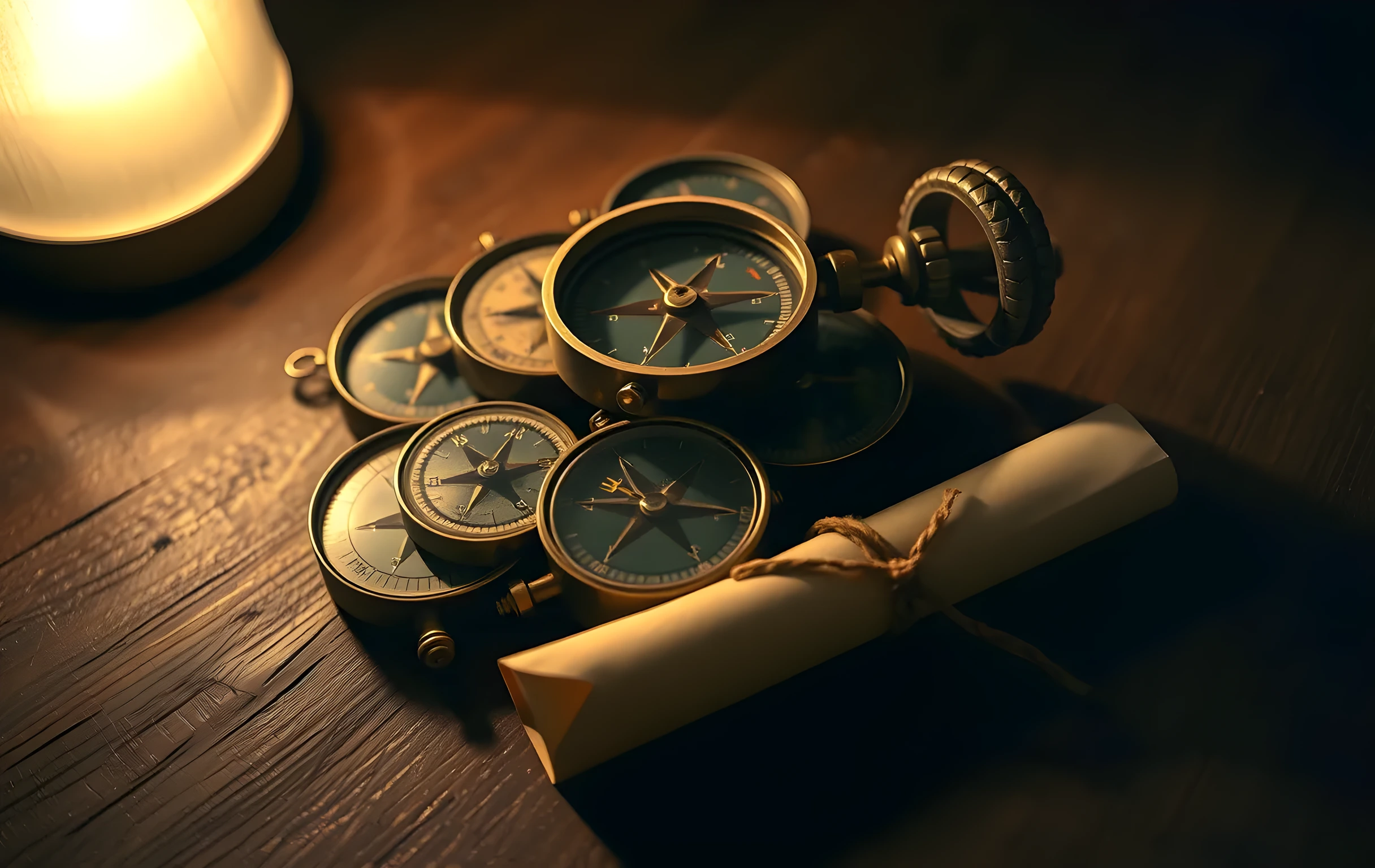 Several tarnished brass compasses of varying sizes clustered together on a rough-hewn dark oak surface in dim warm lamplight, one heavy magnifying glass with a worn leather-wrapped handle resting across the topmost compass, a single small rolled parchment tied with waxed twine lying beside the group, long soft shadows cast to the right by an unseen warm light source from the left, tight still-life detail shot, aged and tactile textures emphasized, no text or markings visible on any object