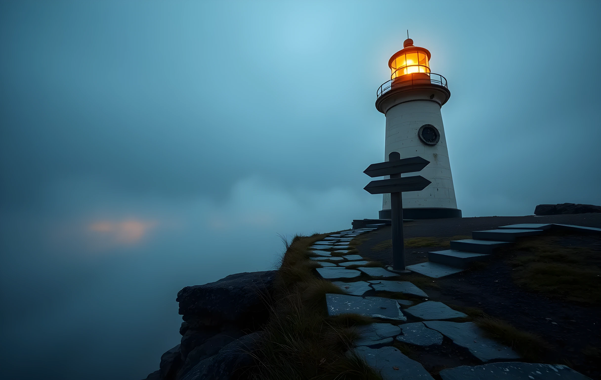 A weathered lighthouse perched on a rugged coastal headland at golden hour, its broad beam cutting through low rolling sea mist, with a short stone path leading up from the base where a small wooden signpost with three arrow-shaped planks points in different directions along the cliff edge, the whole scene bathed in warm amber light against a deep blue-grey sky