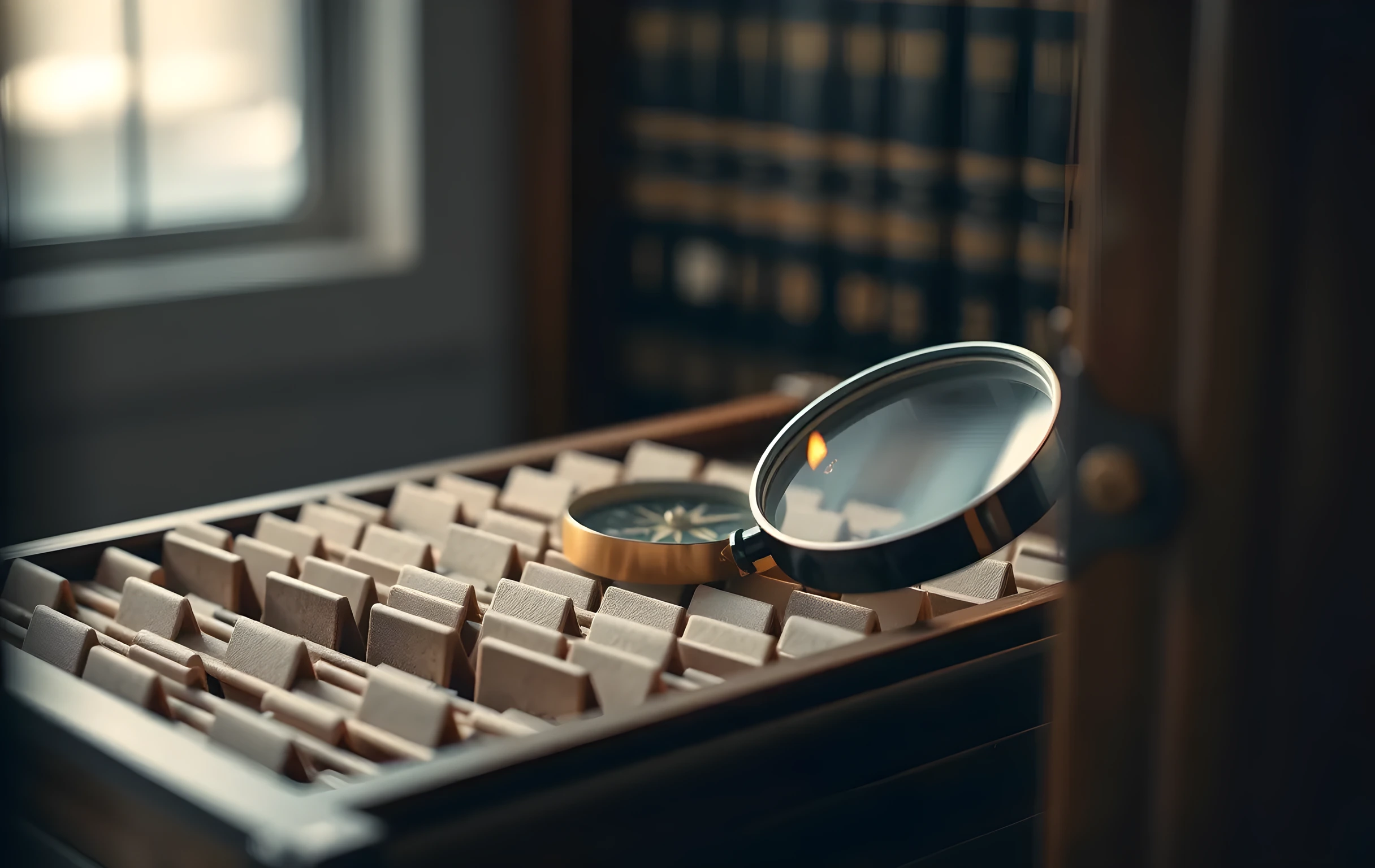 A single tarnished brass compass resting on top of an open wooden library card catalog drawer, its needle hovering over neat rows of small blank leather tabs, beside it a thick-handled magnifying glass with a worn leather grip and a short stub of candle flame casting warm pools of light on rough oak grain, shallow depth of field with the background falling into soft dark shadow