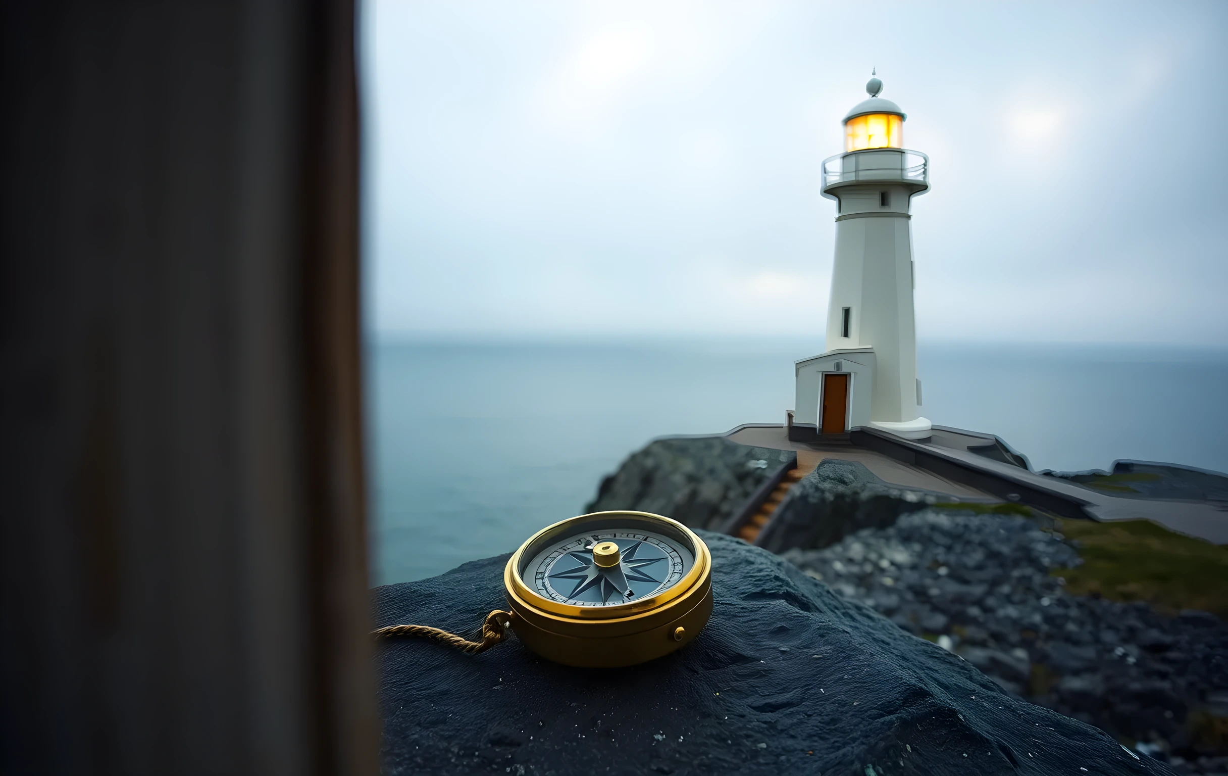 A weathered brass compass resting on a flat granite boulder at the base of a tall white lighthouse on a rocky headland, morning fog drifting across a vast grey-green ocean, warm amber dawn light breaking through low clouds, wide environmental shot showing the full coastline stretching into misty distance, no people, no text