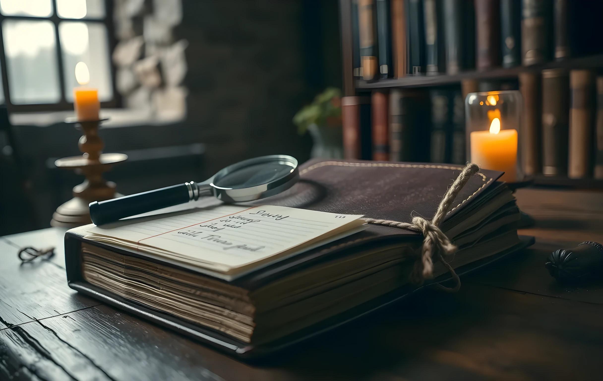 A single heavy magnifying glass lying diagonally across a thick leather-bound directory book with its spine cracked from use, beside it a small stack of handwritten index cards tied with natural twine, all arranged on a rough oak reading table in the dim corner of an old stone library, one warm candle flame casting long shadows, close detail shot at shallow depth of field, no people, no text