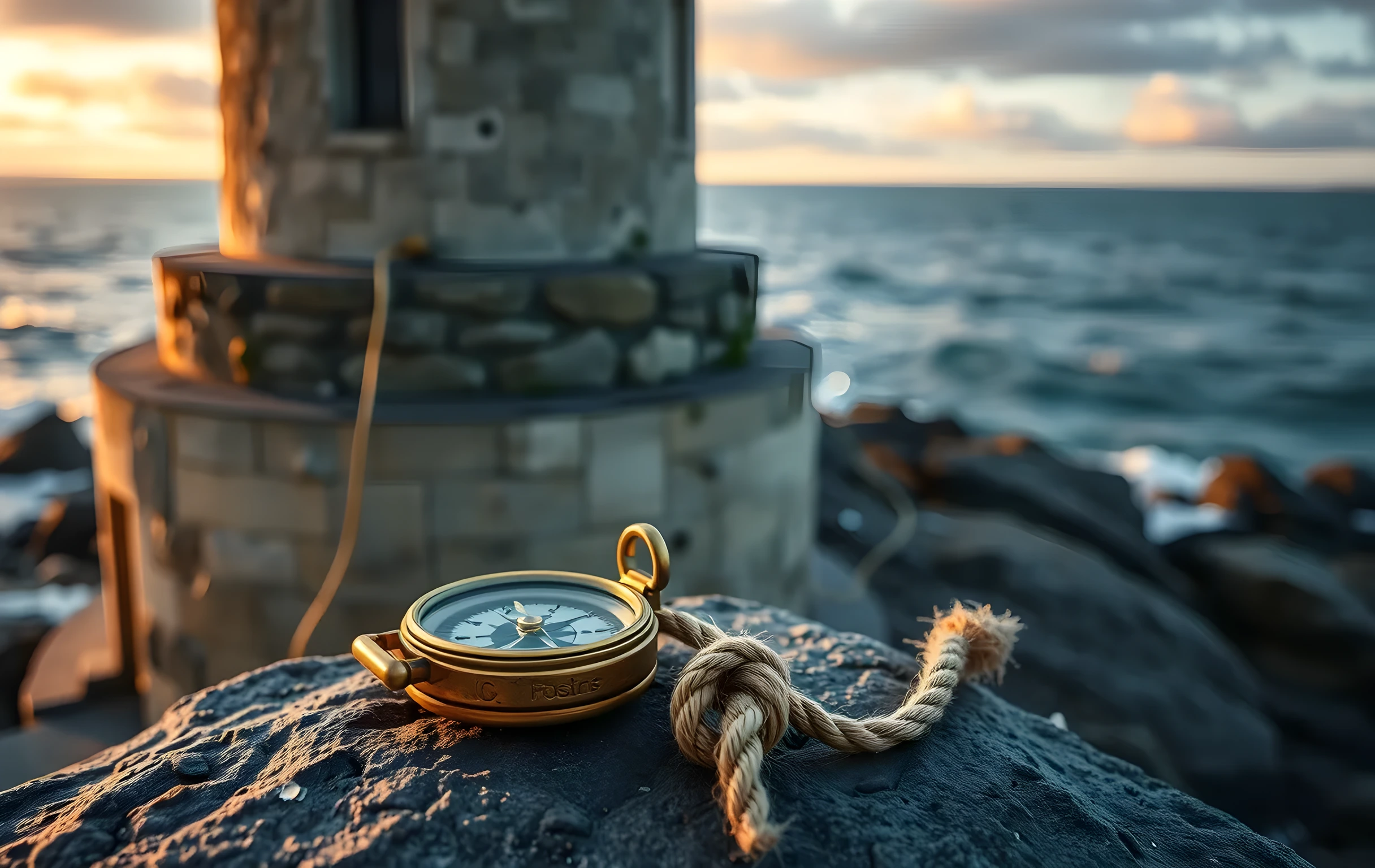 A weathered granite lighthouse standing on a windswept rocky headland at golden hour, its stone base scarred by salt spray and lichen. In the foreground on a flat rock ledge rests a brass mariner's compass with its needle frozen, beside a short length of frayed hemp rope coiled once. The sea churns in broad strokes of pewter and amber behind the structure. Wide environmental composition, natural light, no text, no people