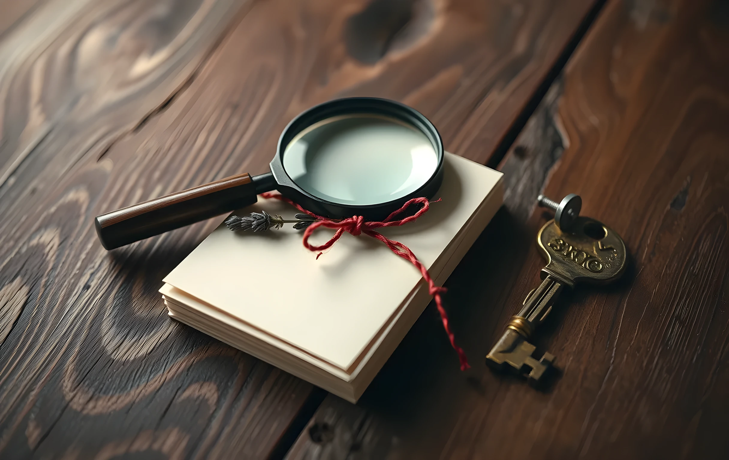 A magnifying glass with a dark wooden handle lying across a small stack of five blank cream-colored index cards bound together with a single loop of red waxed twine. Beside the cards sits a short dried lavender sprig and a tarnished brass skeleton key, all resting on rough-hewn weathered oak planks with visible grain and a faint water ring. Tight close-up framing, warm directional light from the left, shallow depth of field, no text, no screens, no people